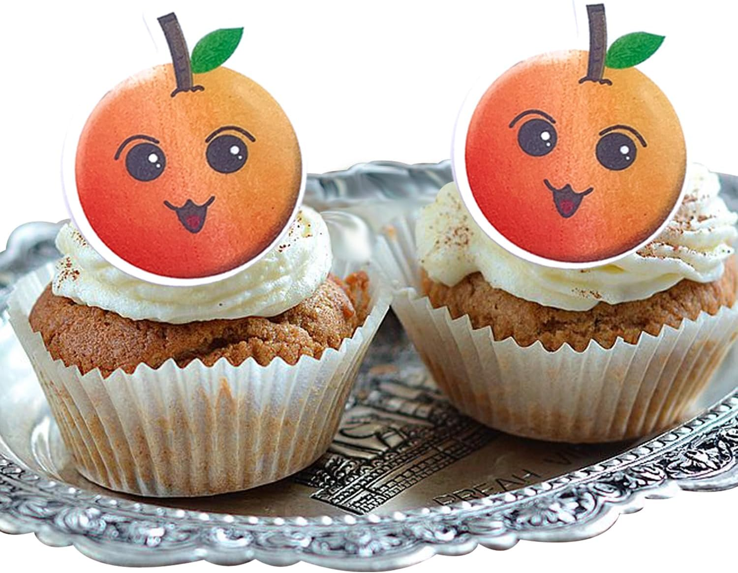 50Pcs Cartoon Fruit Smiley Cupcake Decoration, Edible Wafer Paper Creative Apple Banana Cherry Baby Full Moon Birthday Festival Series Theme Party Dress up Plug-In (Orange 50Pcs) image number 3