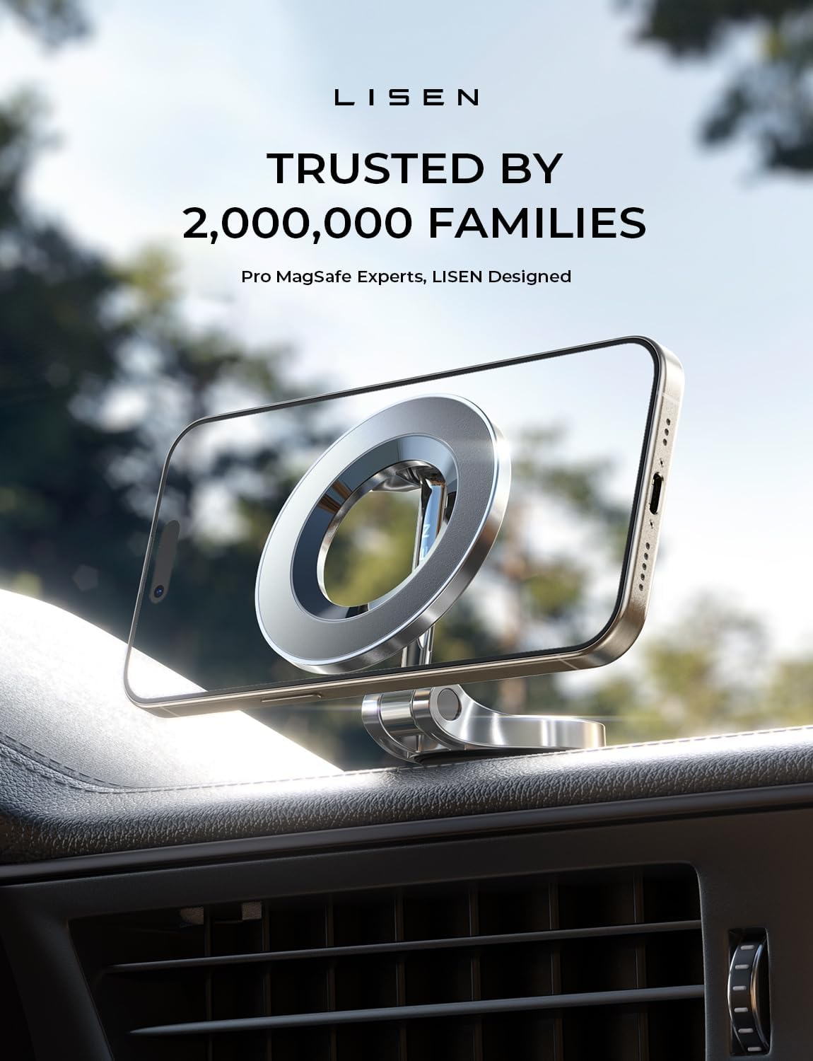 LISEN for Magsafe Car Mount [24 Permanent Magnets] Magsafe Phone Holder Car Accessories for Cars Magnetic Phone Car Mount for Iphone 16 GPS Car Holder Fits Iphone 16 Pro All Phones with Metal Ring image number 3