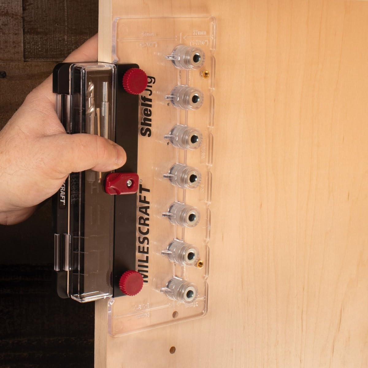 Milescraft 1343 Shelf Jig &ndash; Create 1/4&rdquo; Inch and 5Mm Shelf Pin Holes for Cabinets, Standard 32Mm Spacing, Shelf Pin Jig Includes Two Drill Bits image number 1