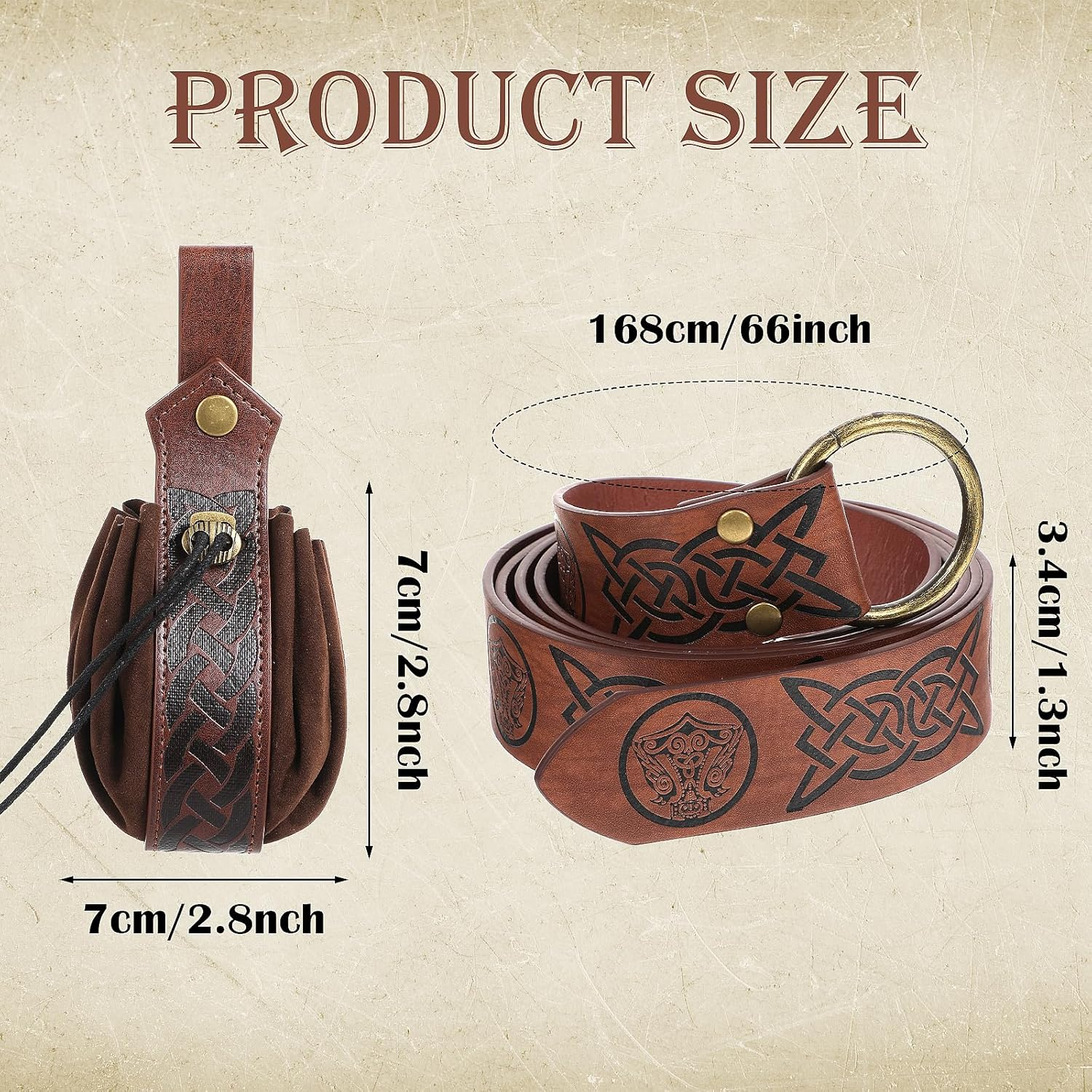 CIATBYYJ 2 Pcs Medieval Viking Belt with Faux Leather Pouch, Vintage Renaissance Belt Pouch Dice Bag, Retro Nordic Belt Pouch, Portable Bag Renaissance Costume Accessories(Brown), Brown, 168Cm/66Inch image number 6