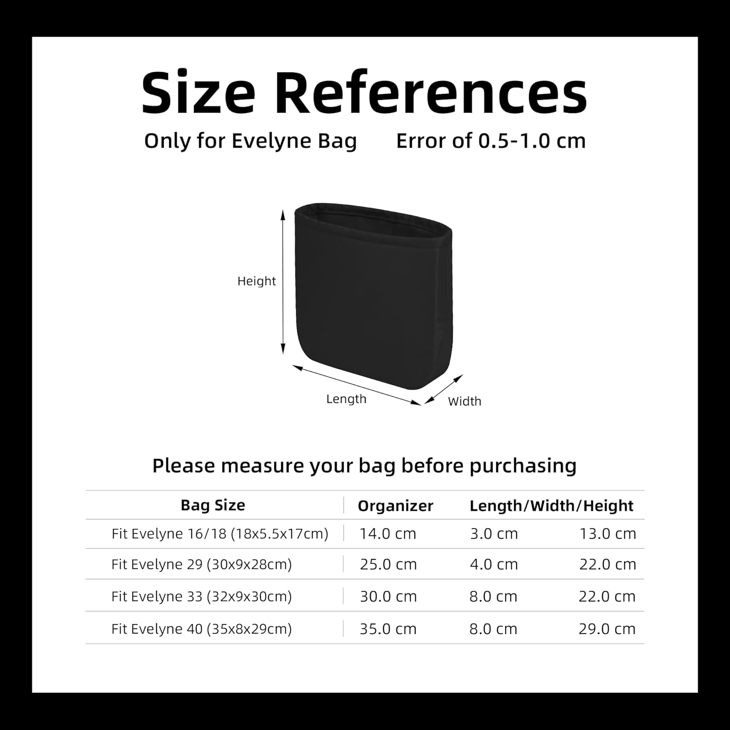 DGAZ Silky Purse Organizer Insert Fits Evelyne TPM/PM/GM/TGM Bags, Luxury Handbag & Tote Organizer, Simplicity Bag Organizer（Black, PM, 29）