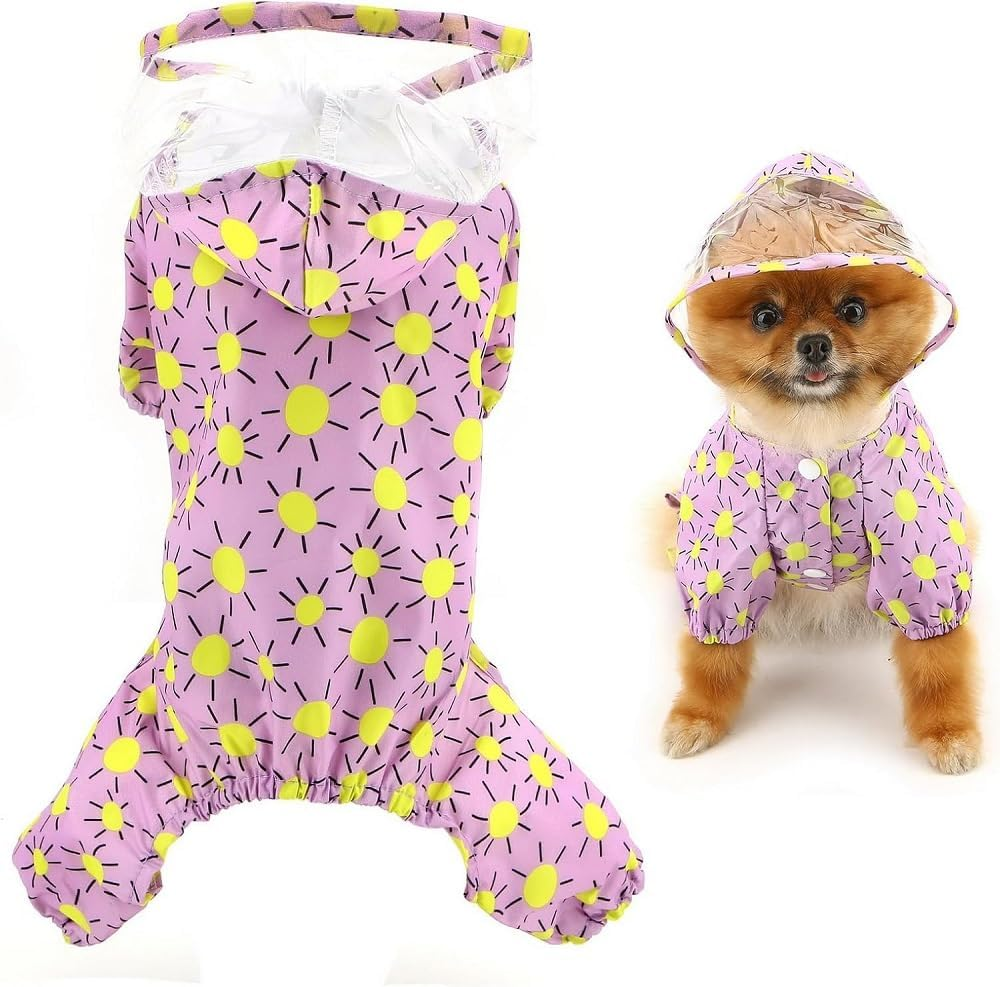 Cute Cartoon Waterproof Dog Raincoats for Small Dogs with Clear Hood and Leash D-Ring Lightweight Pet Rain Jacket Puppy Poncho Clothes (Purple;, M) image number 2