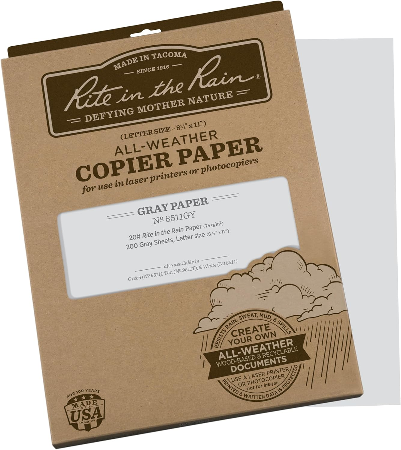 Rite in the Rain Weatherproof Copier Paper, 8.5" X 11", 20# Gray, 200 Sheet Pack (No. 8511GY)