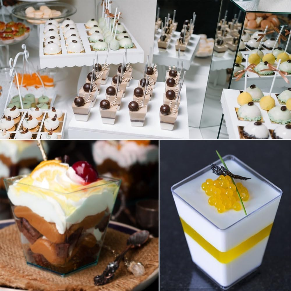50 Pcs Square Dessert Small Cups, Reusable Mini with Spoons Clear Plastic Smal Party Appetizer Cups Parfait Yogurt Mousse Jelly Pudding Fruit Ice Cream image number 4
