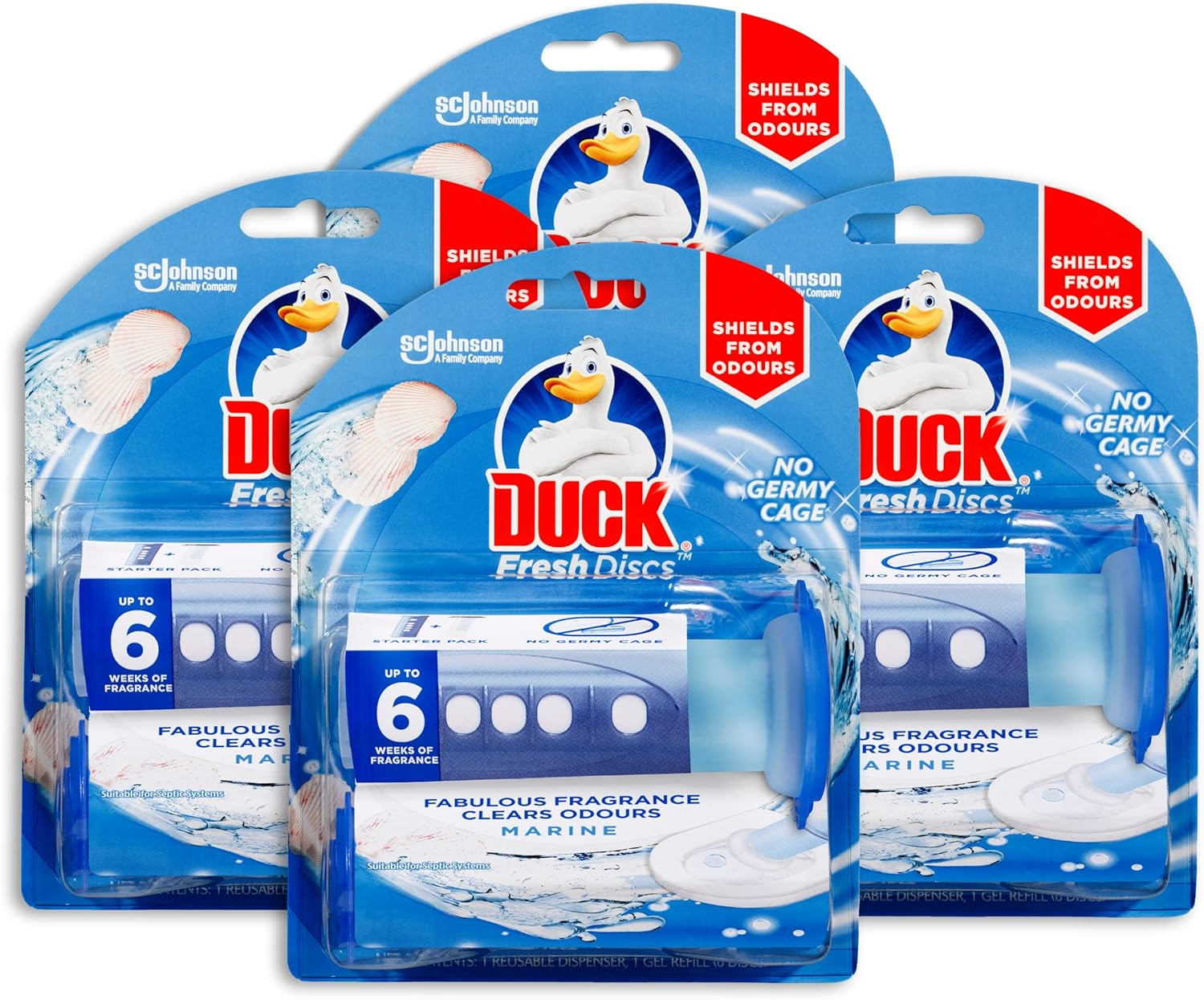 Duck Fresh Discs Toilet Bowl Cleaner, Marine Fragrance, Reusable Dispenser and 1 X Gel Refill with 6 Toilet Discs, 36Ml Tube (Pack of 4) image number 6