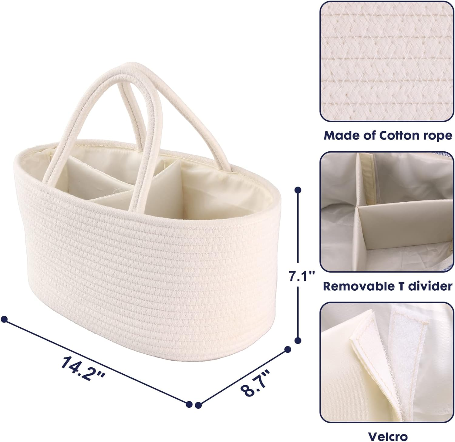 Baby Diaper Caddy Organizer for Girl Boy Cotton Rope Nursery Storage Bin Basket Portable Holder Tote Bag for Changing Table Car Travel Baby Shower Gifts Newborn Essentials Registry Must Haves White image number 5