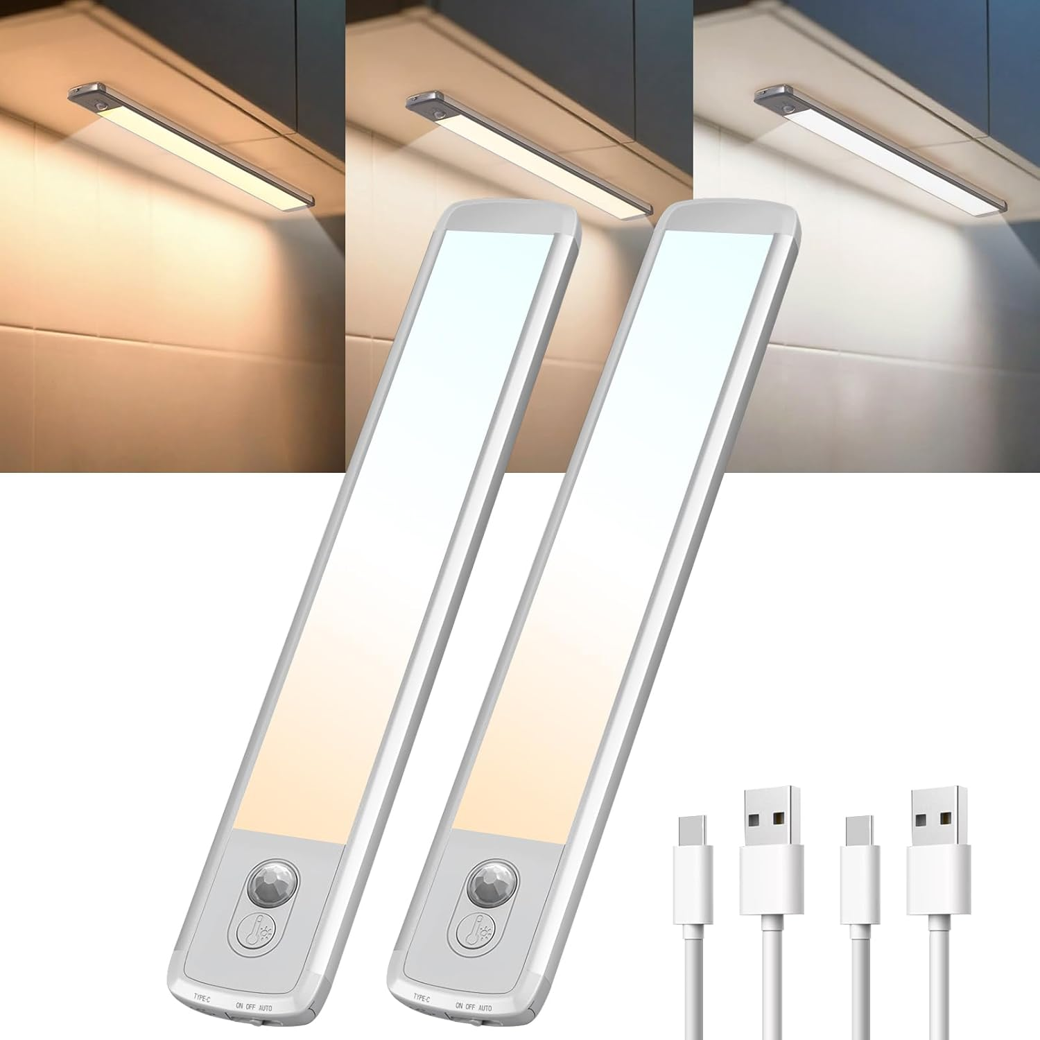 TANSOOL+ Cabinet Lighting LED Lamp with Motion Sensor Indoor - USB-C Cabinet Light Under-Unit Light Kitchen Light Dimmable for Kitchen, Stairs, Cupboard - 40 Cm, Pack of 2