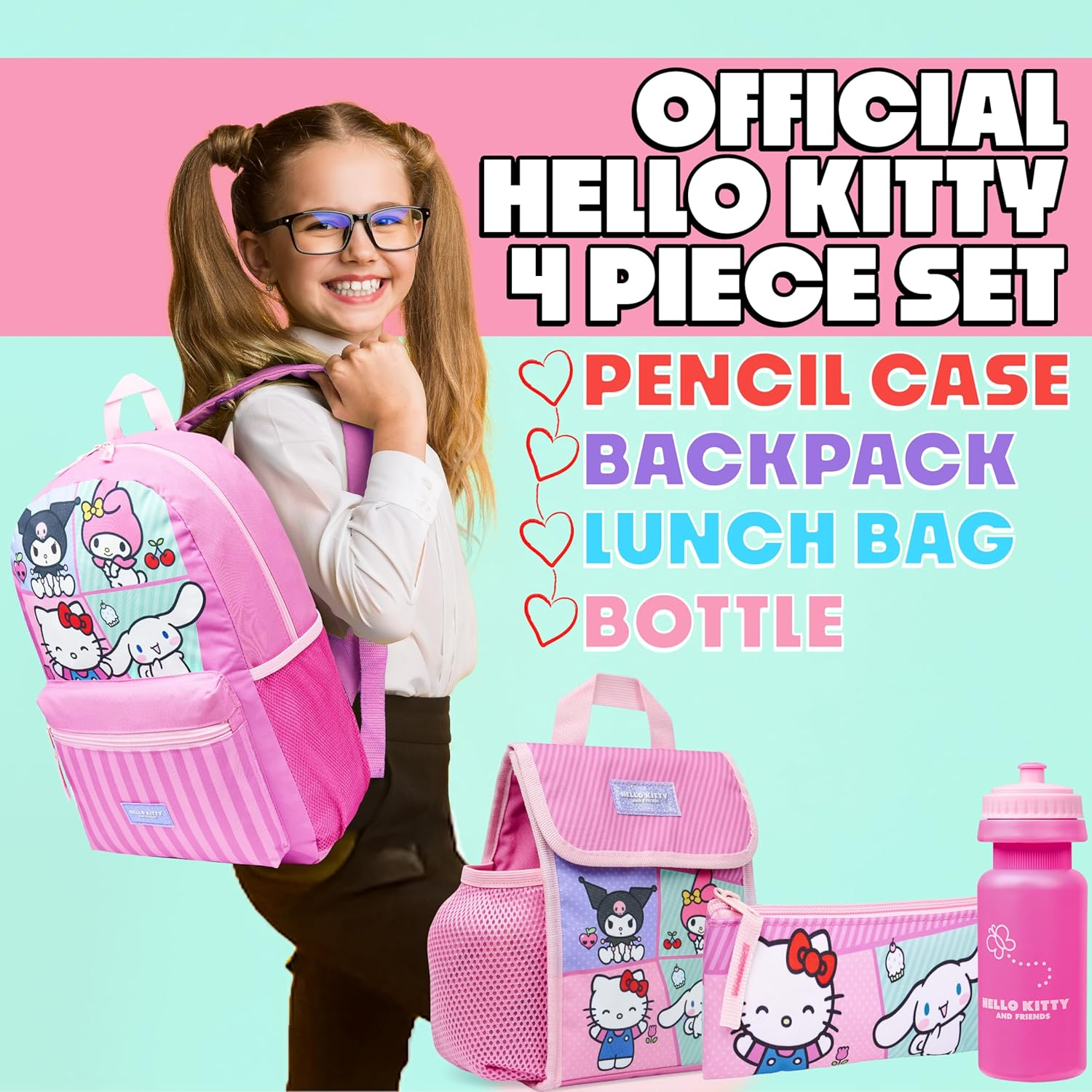 Hello Kitty Sanrio Backpack Set 4 Pcs Girls Water Bottle Pencil Case Insulated Lunch Bag Cinnamoroll Kuromi My Melody Teens Kawaii School Supplies image number 3