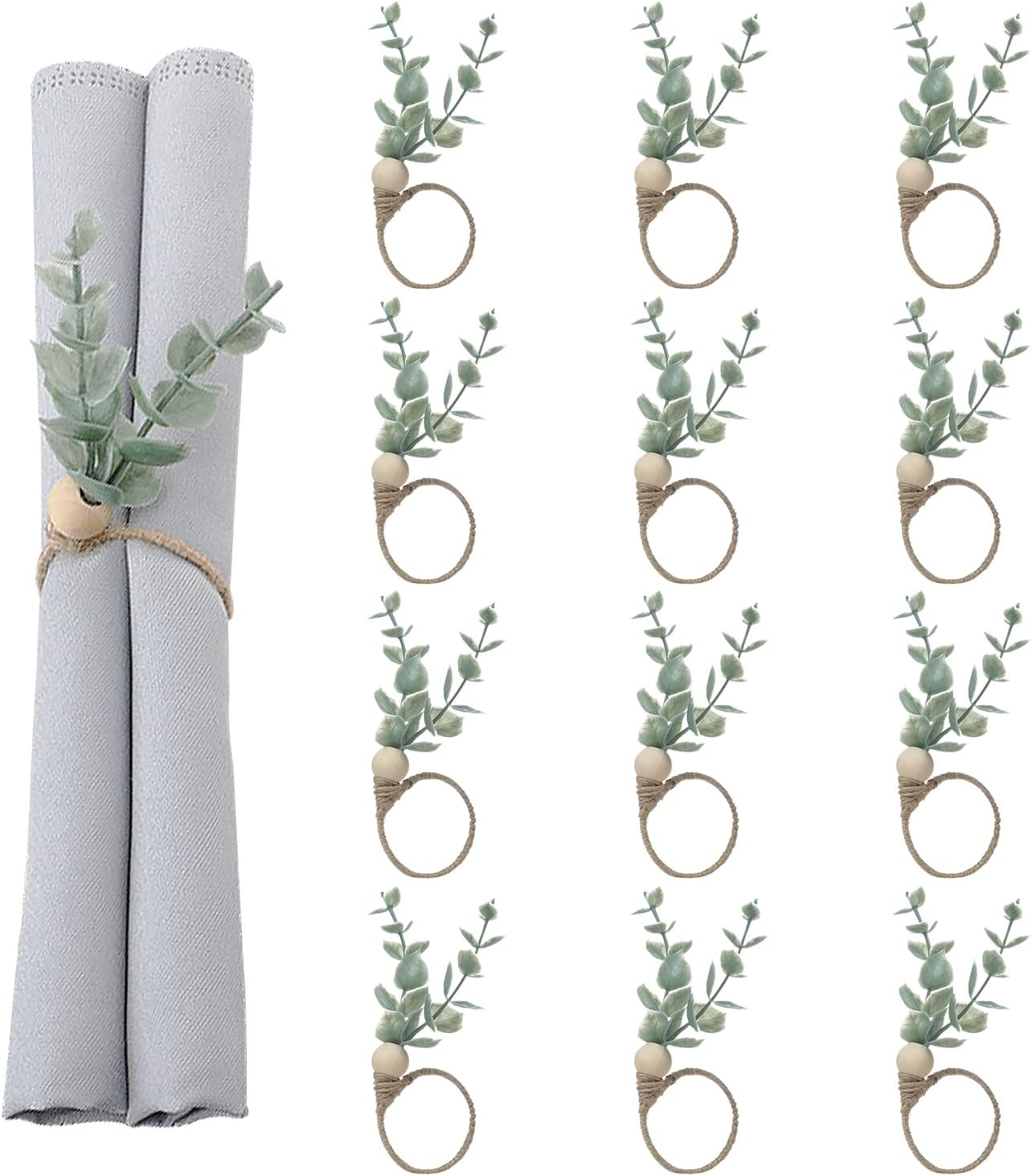 Eucalyptus Napkin Rings Set of 12 - Green Leaf Spring Wood Bead Rustic Rings for Christmas, Wedding, Thanksgiving, Easter Table Decoration image number 2