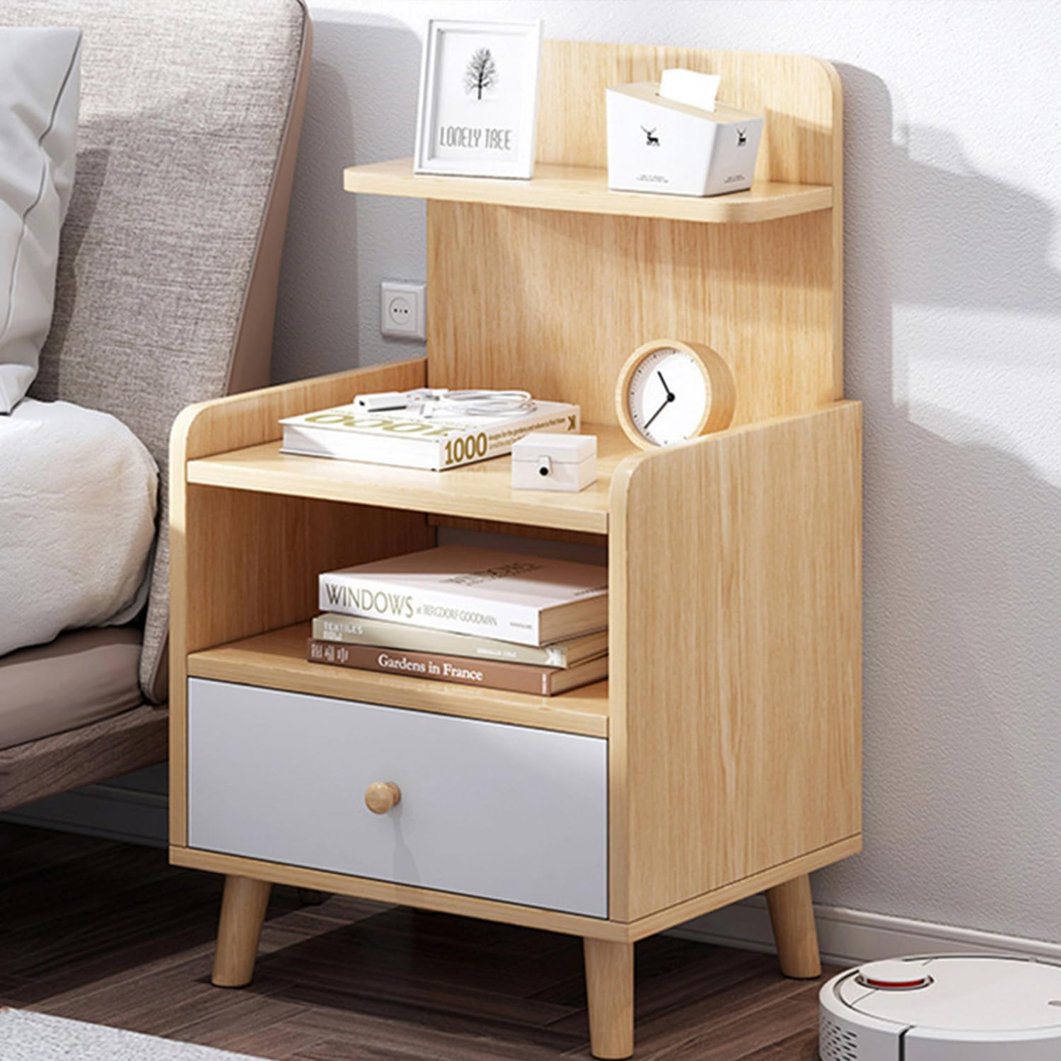 Uandhome Bedside Table with Open Sliding Shelves,Solid Wood Nightstand with Drawers,Modern Nightstands Bedroom Small Bedside Corner Night Stands Narrow Drawers Dormitor Bedroom Furn (Wood)