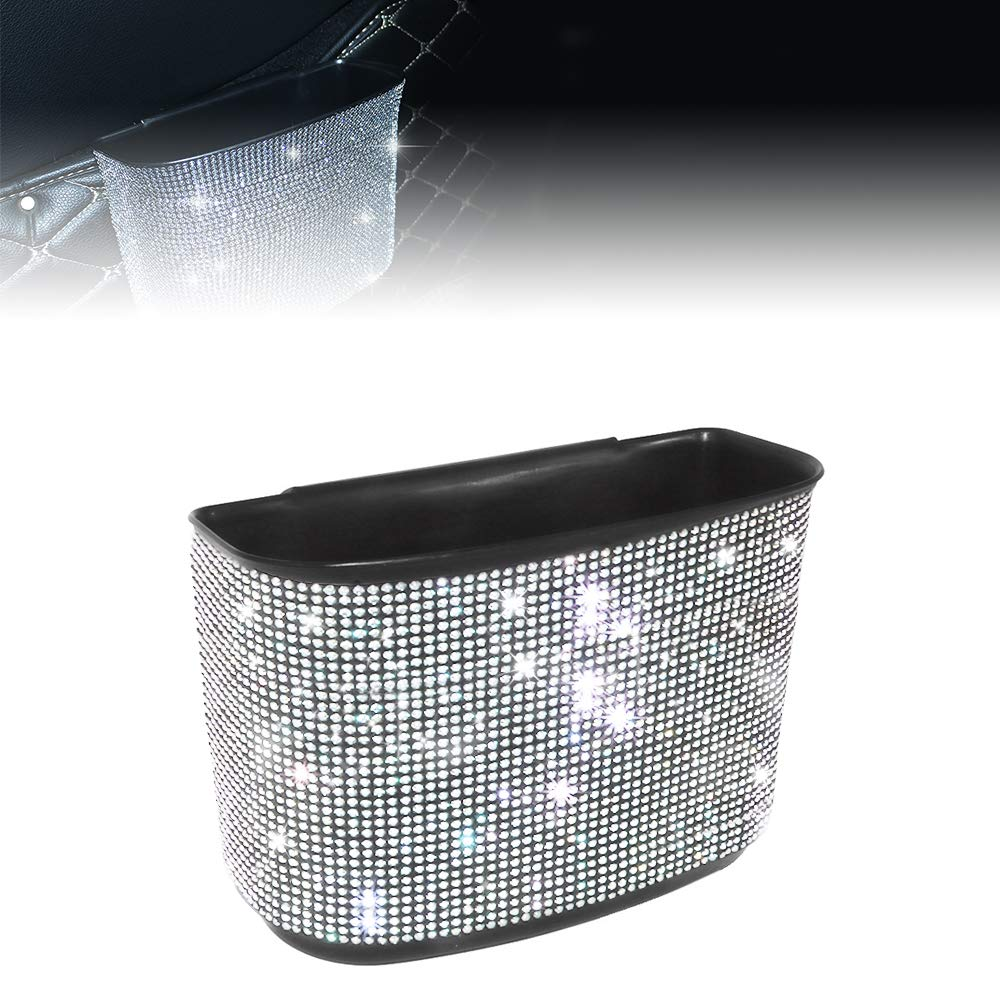 Idain Bling Crystal Car Trash Can Auto Hanging Car Trash Can Sparkling Storage Holder Litter Container for Vehicle Office Home (White Rhinestone) image number 1