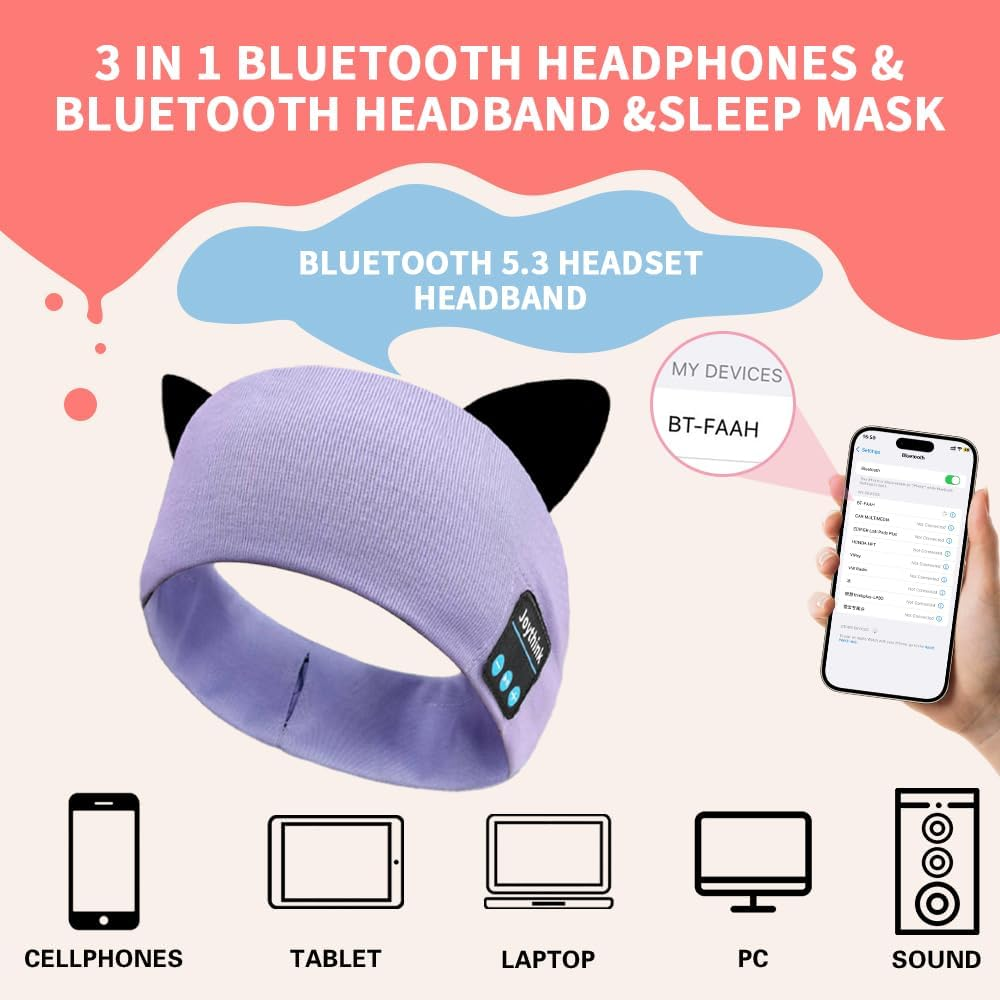 Joythink Kids Bluetooth Headband Headphones Sleep Mask Wireless Earphones Built in Thin Speaker Kids Adjustable Sports Headset Sleep Headband for Girls Boys Toddler Children Baby Airplane Travel Study Purple