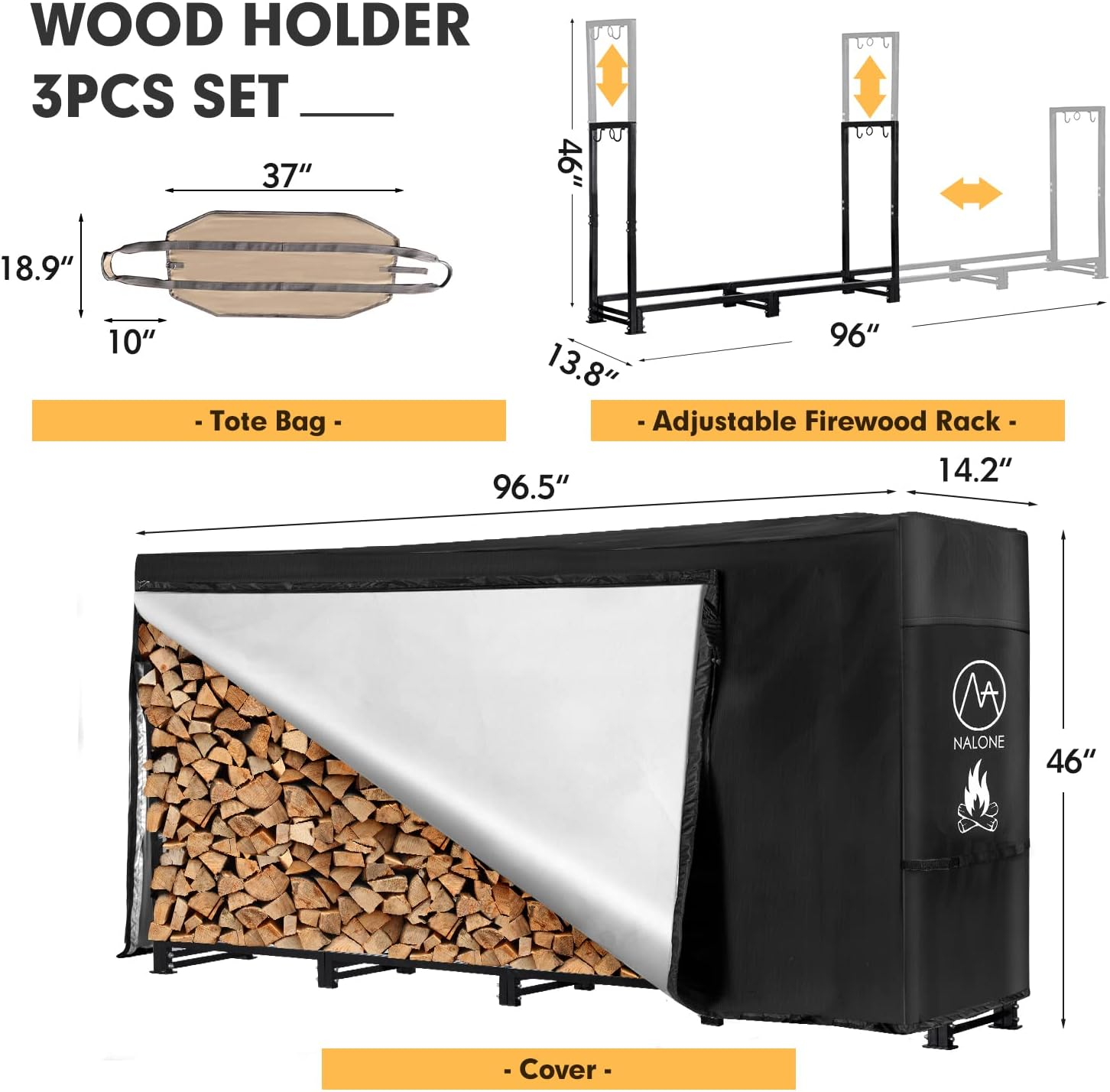 Nalone 8FT Outdoor Firewood Rack with Cover&Carry Bag Heavy Duty Square Strong Stand Rack with Waterproof Cover for Fireplace Fire Pits Wood Pile Storage Holder Lumber Rack image number 4