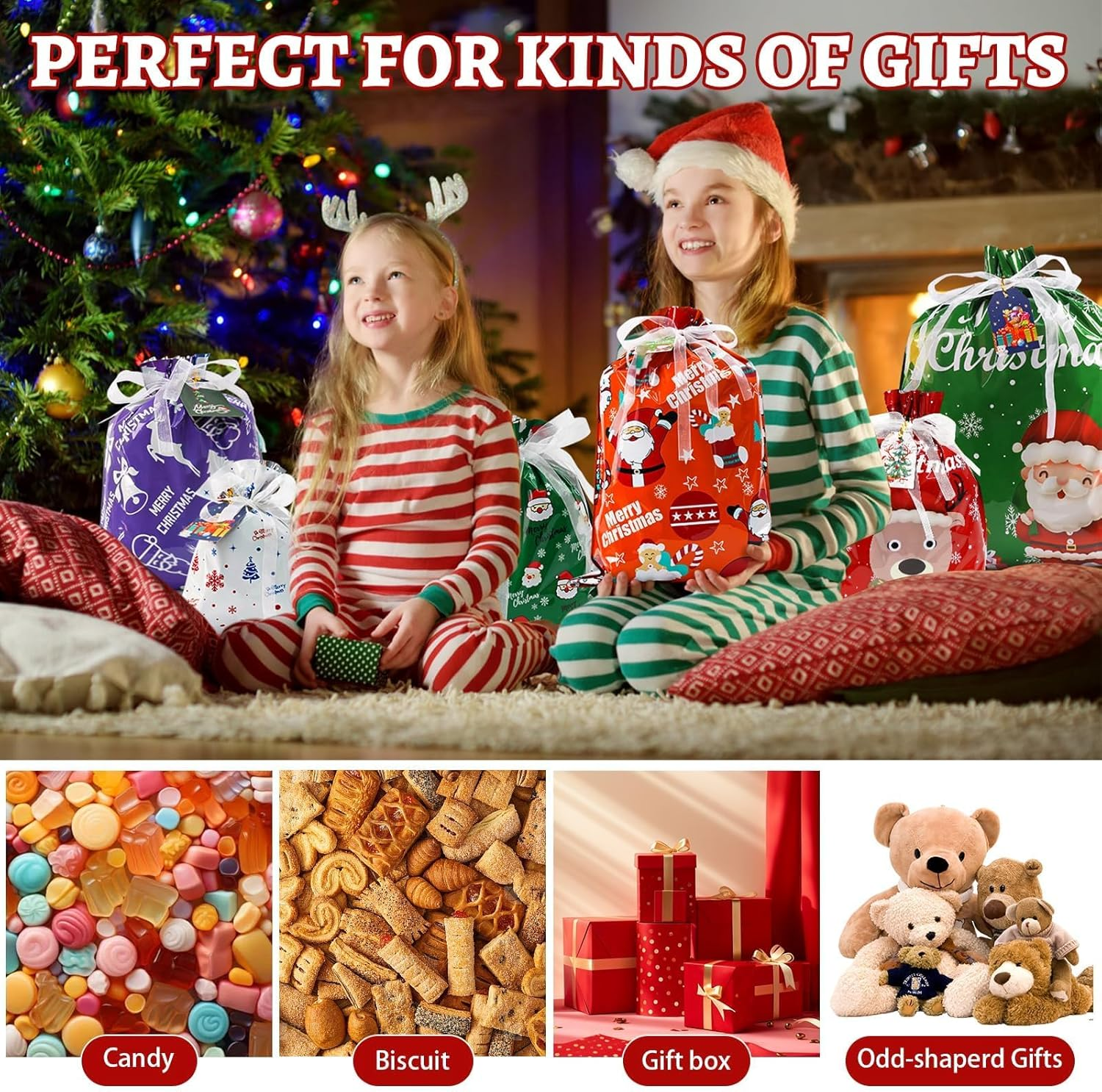 Christmas Drawstring Gift Bags 32Pcs, Xmas Treat Bags & Gift Tags Set, Assorted Sizes Large Medium Small, for Holiday Birthday Party Favors, Goody Bags, Gift Wrapping image number 3