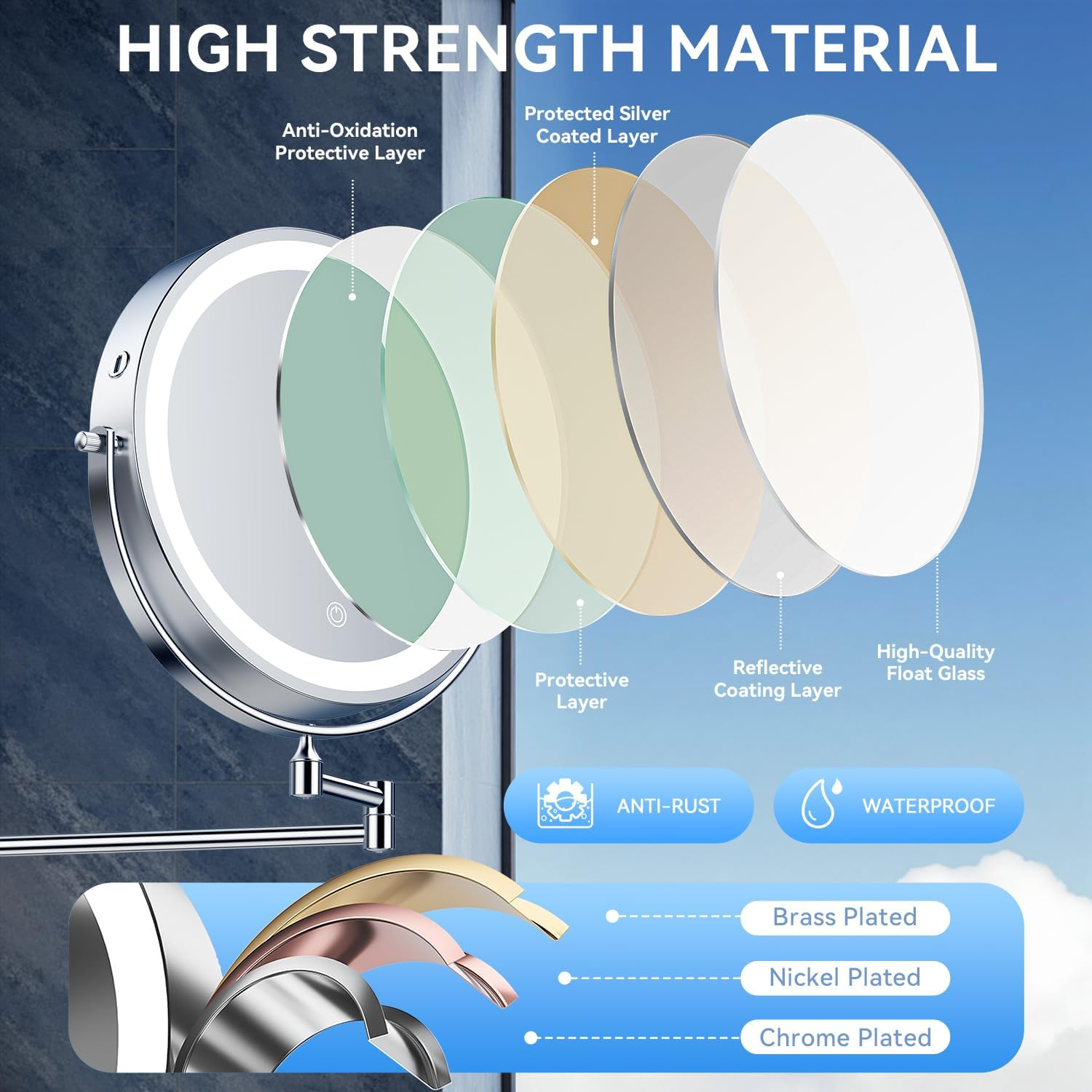 Auxmir Make-Up Mirror with Light, 1X/30X Rechargeable Make-Up Mirror Shaving Mirror Wall Mount, 5000 Mah Double-Sided Magnifying Mirror with 3 Light Colours, Touch Screen image number 2