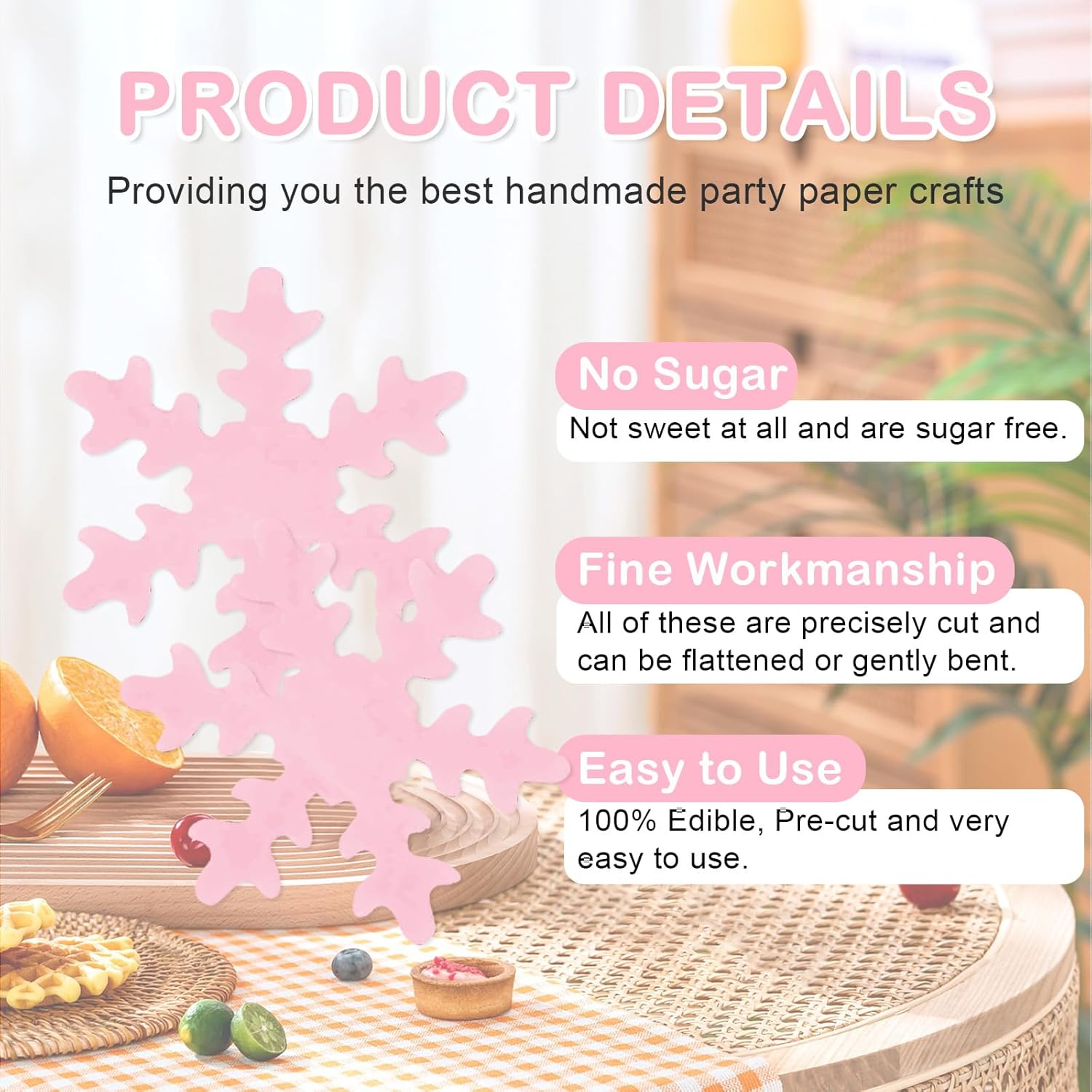 50Pcs Snowflake Cake Cupcake Topper, Edible Winter Frozen Snowflake Cake Decorations Edible Wafer Paper for Birthday Party Decor Supplies (Pink) - White+Blue image number 3