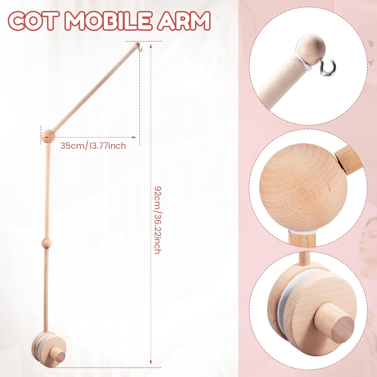 Crib Mobile Stand with Fixed Screw, Premium Smooth Wood Burr Free Widened Base Detachable Stand, with 360&deg; Rotatable Top, Baby Crib Mobile Arm for Home image number 1