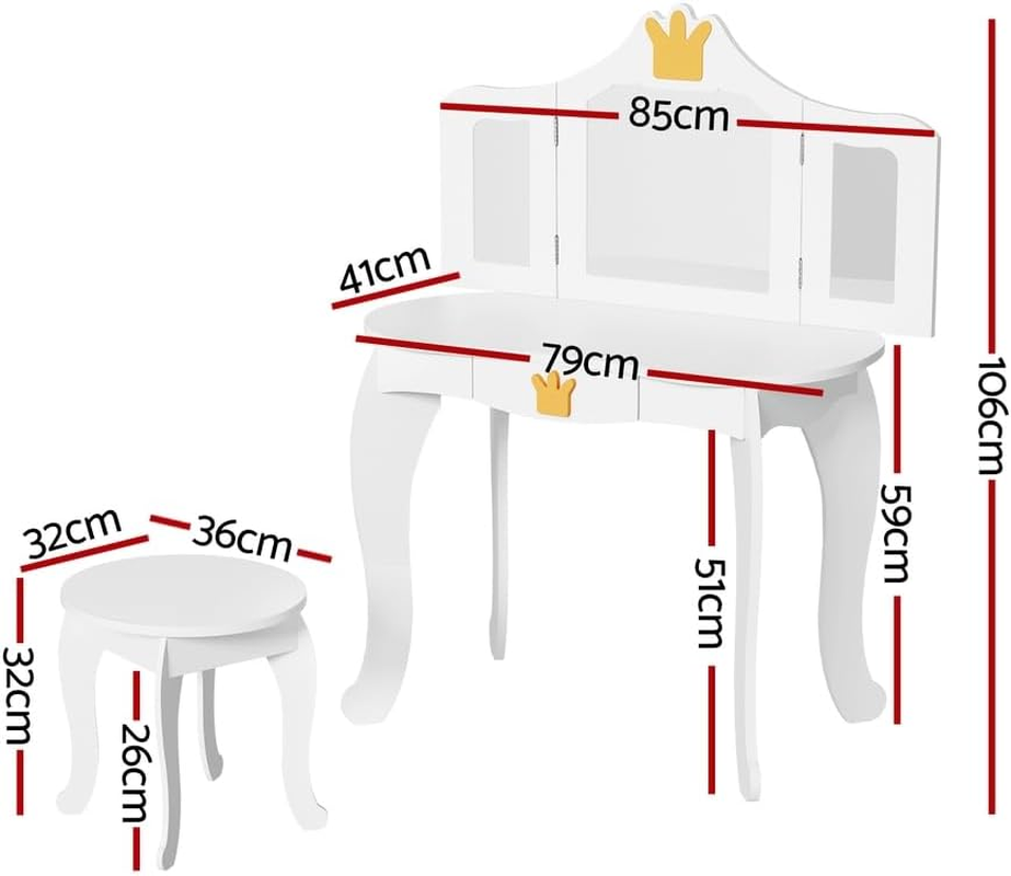Keezi Kids Dressing Table Vanity Makeup Chair Set Wooden 3 Mirror Drawer White image number 1