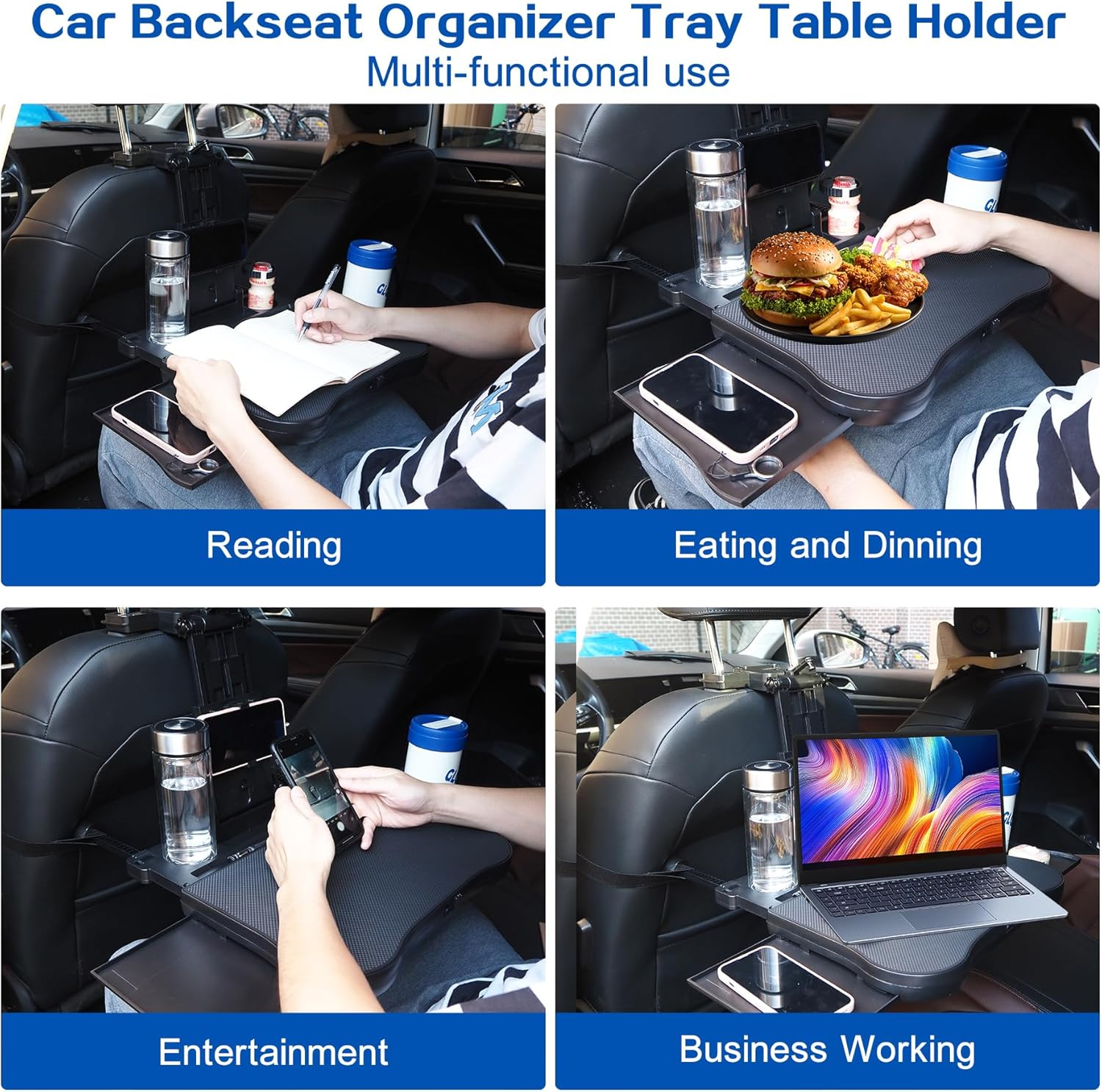 Car Backseat Table with Expandable Tray, Foldable Car Headrest Table for Kids Passenger Seat Back Travel Organizer Holder, Eating Working Laptop Desk with Phone & Cup Holder for Cars SUV Truck image number 4