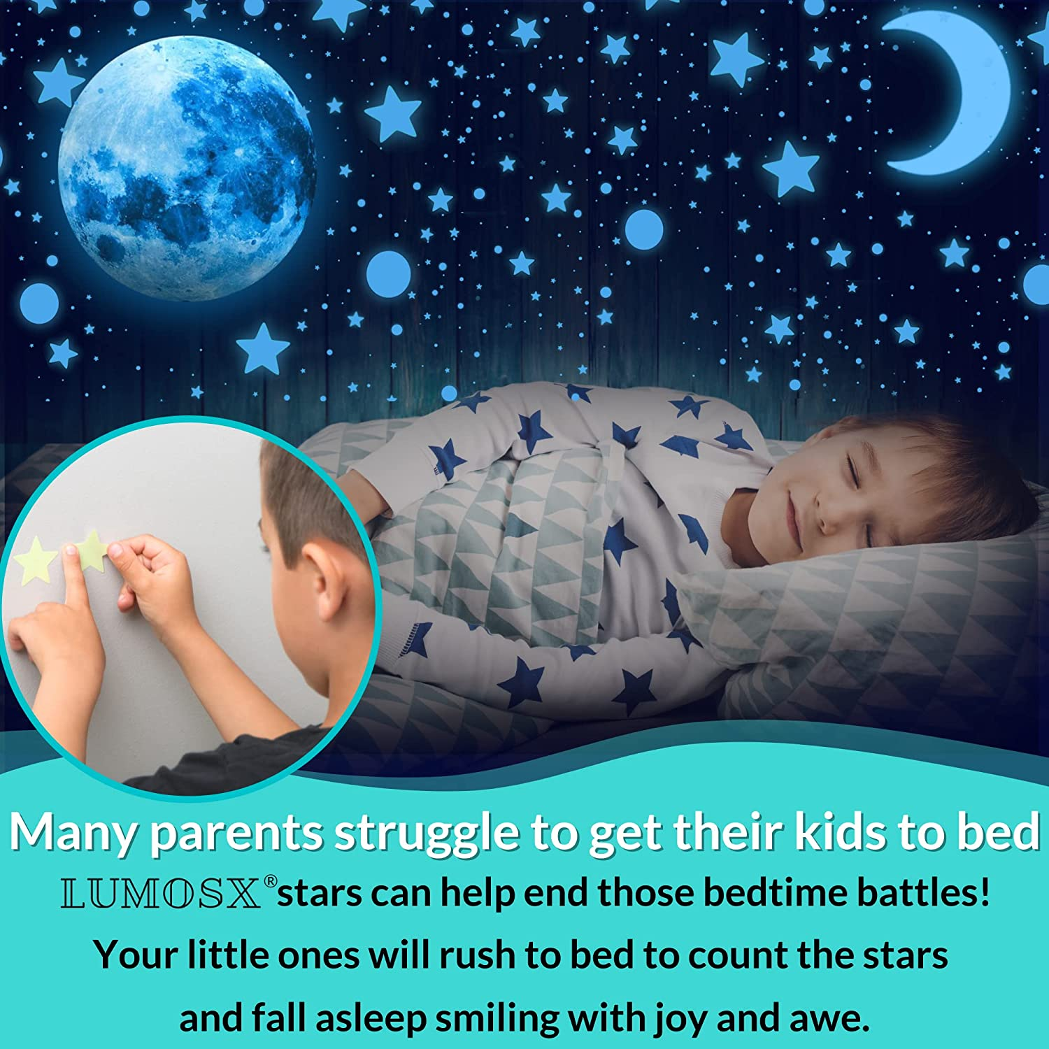 LUMOSX Glow in the Dark Stars for Ceiling Decor 1050Pcs Wbonus Moons and Constellation Ebook | Glow in the Dark Stickers of Ceiling Stars, Glowing Star Decal Decoration, Star Ceiling for Kids image number 1