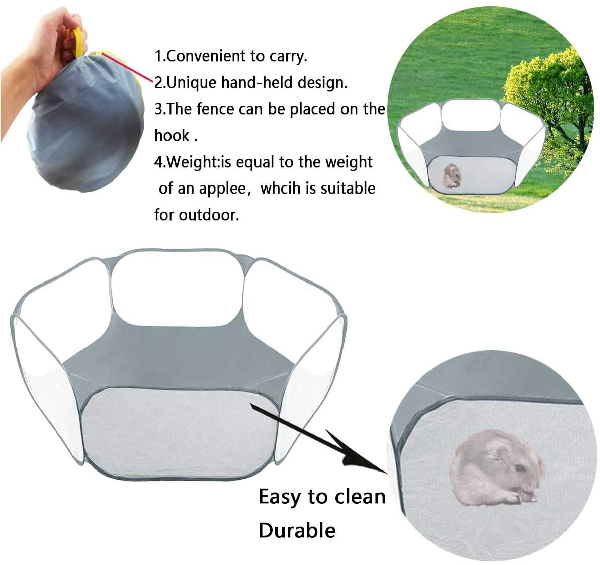 Gabraden Small Animals Tent,Reptiles Cage,Breathable Transparent Pet Playpen Pop Open Outdoor/Indoor Exercise Fence,Portable Yard Fence for Guinea Pig,Rabbits, Hamster,Chinchillas and Hedgehogs (Grey) - Grey,Transparent image number 6