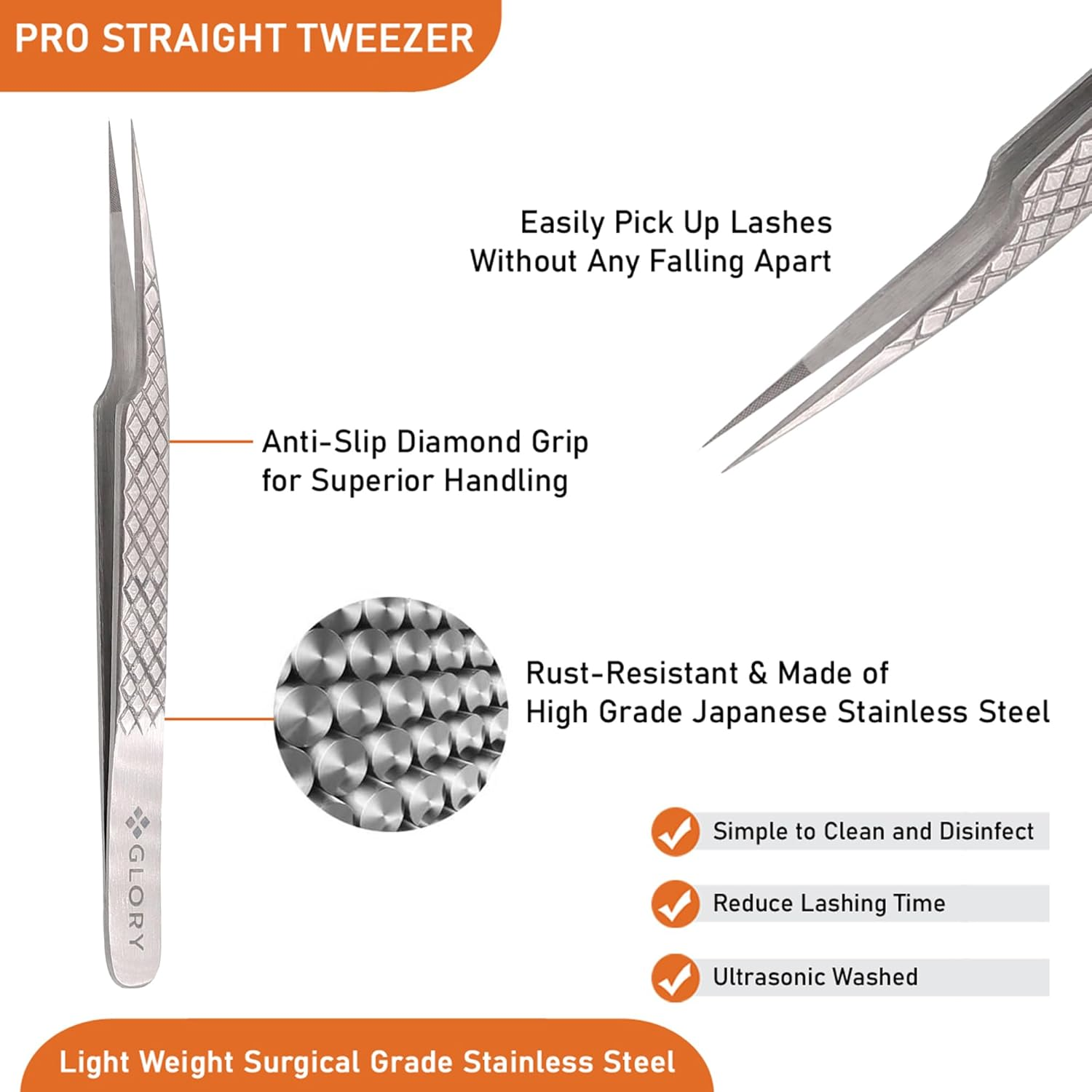 Precision Fiber Tips Perfect Tweezers for Isolation and Classic Eyelash Extensions, Stainless Steel Pro Straight Tip Anti-Slip Anti-Static Diamond Grip Eyelash Tweezers