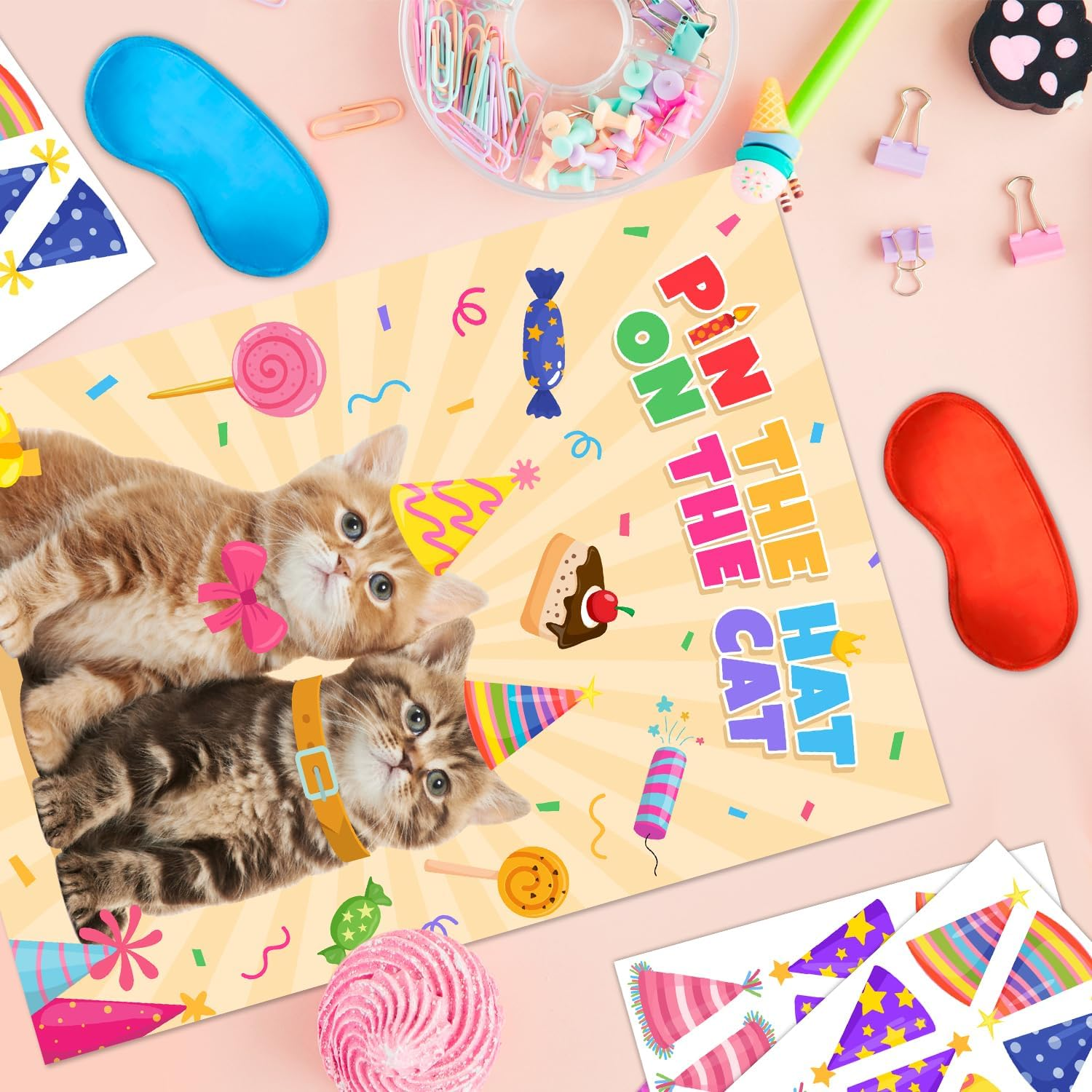 Pin the Hat on the Cat Party Games, 7 Pcs Cat Birthday Party Games Kit - Games Poster, Birthday Hat Stickers Etc Decorations Supplies image number 2