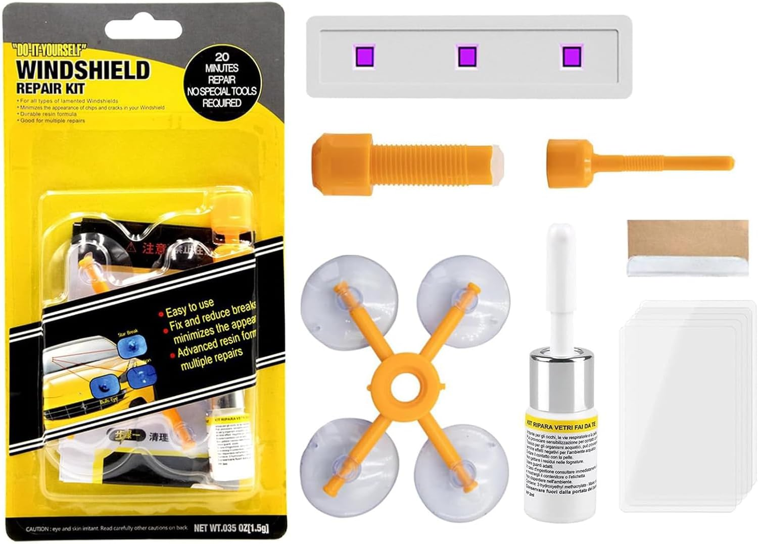 Windscreen Repair Kit, Windshield Repair Kit with Curing Lamp, Suitable for Bull'S Eye, Half-Moon, Cobweb, Star and Long Line Cracks image number 2
