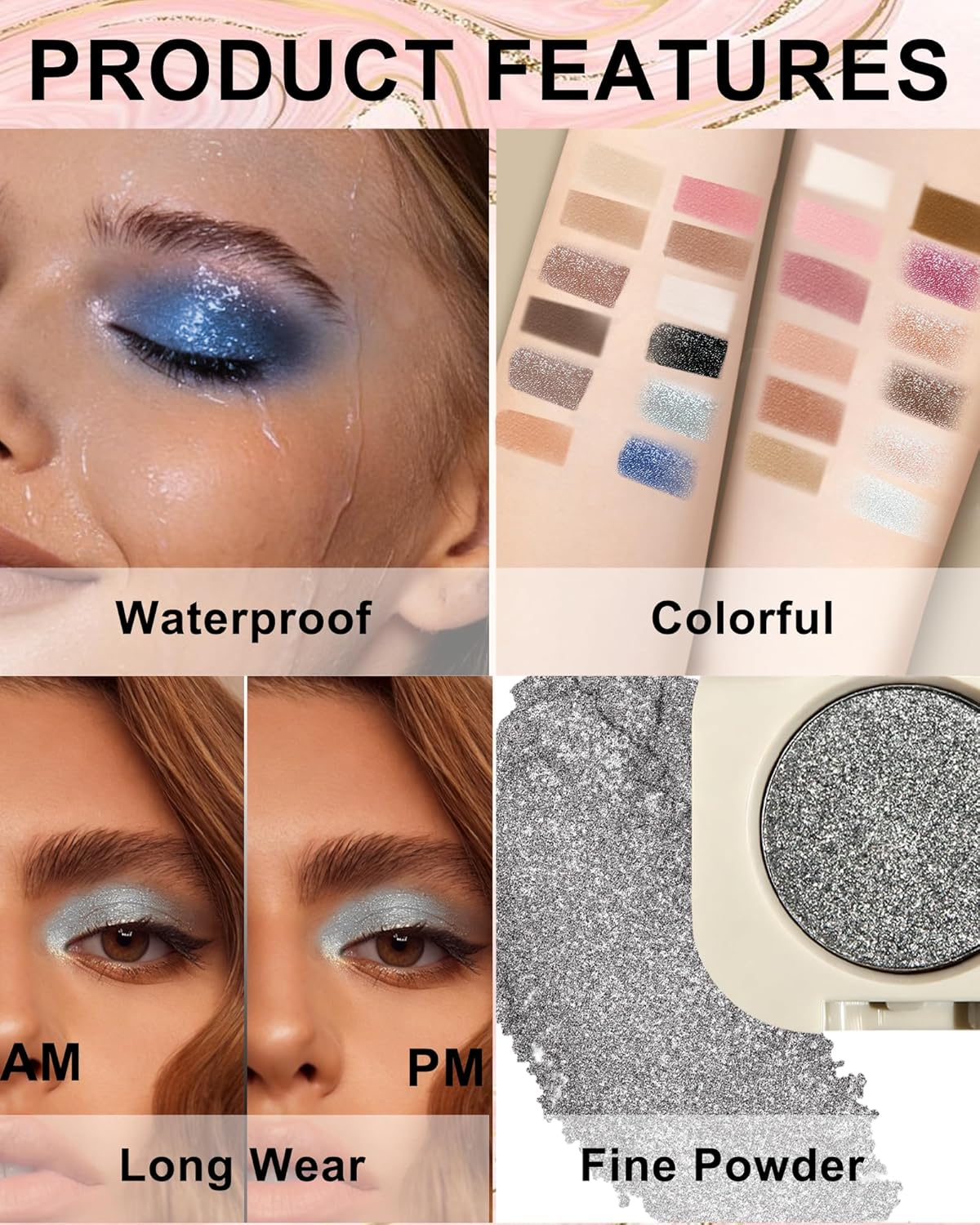 Glitter Eye Shadow Champagne Gold, Sheer Pearl Glowy Single Eyeshadow Palette, Waterproof, Durable, Fine Texture & Blendable, Diamond Shimmering Eyeshadow Highlighter Palette Eye Make-Up 09