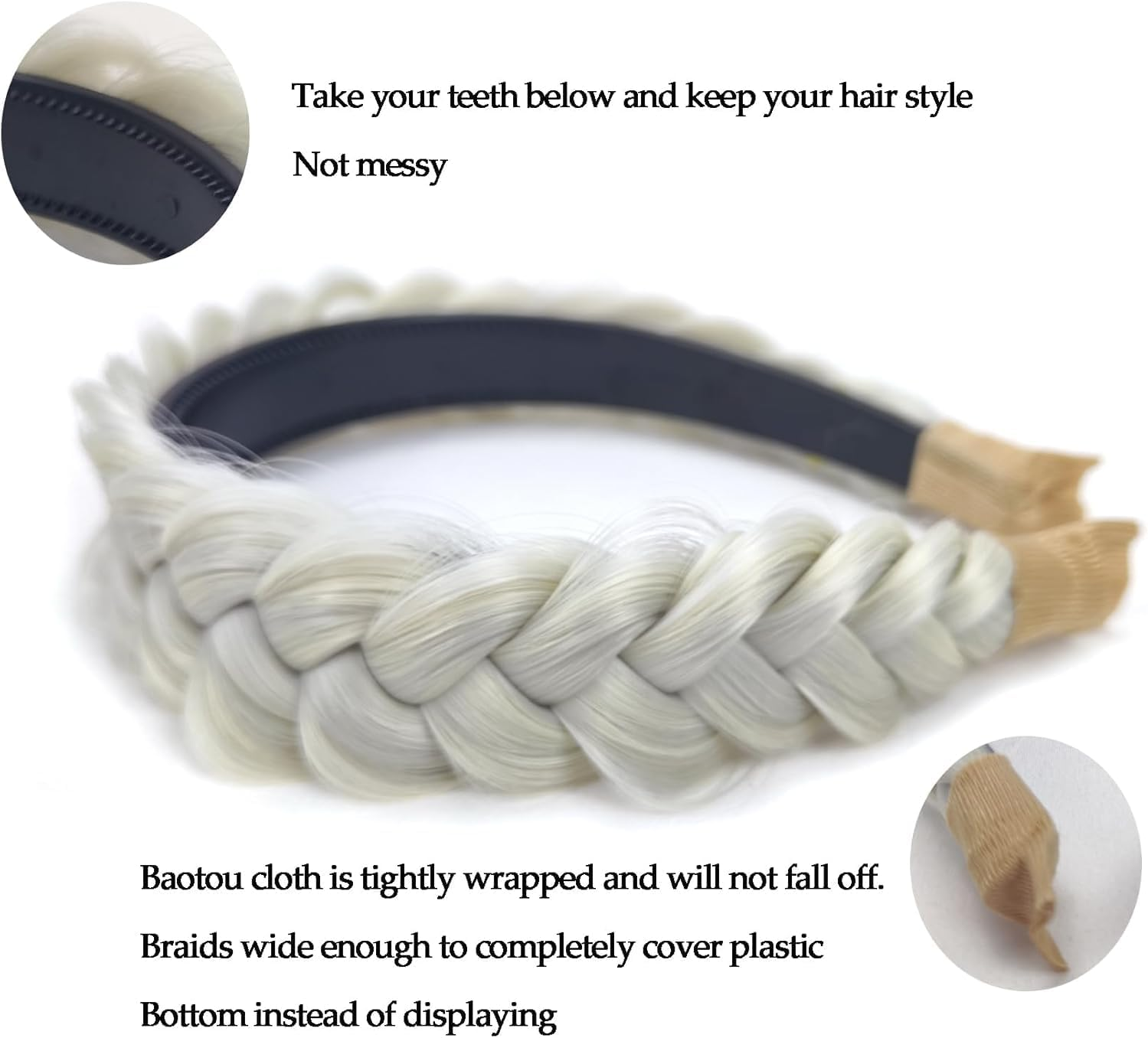 Wide Braided Headband Elastic Non-Slip Design, Handmade for Women and Girls, Versatile Fashion Hair Accessory, Compatible with Most Head Shapes (White Grey) - Haheihei image number 3