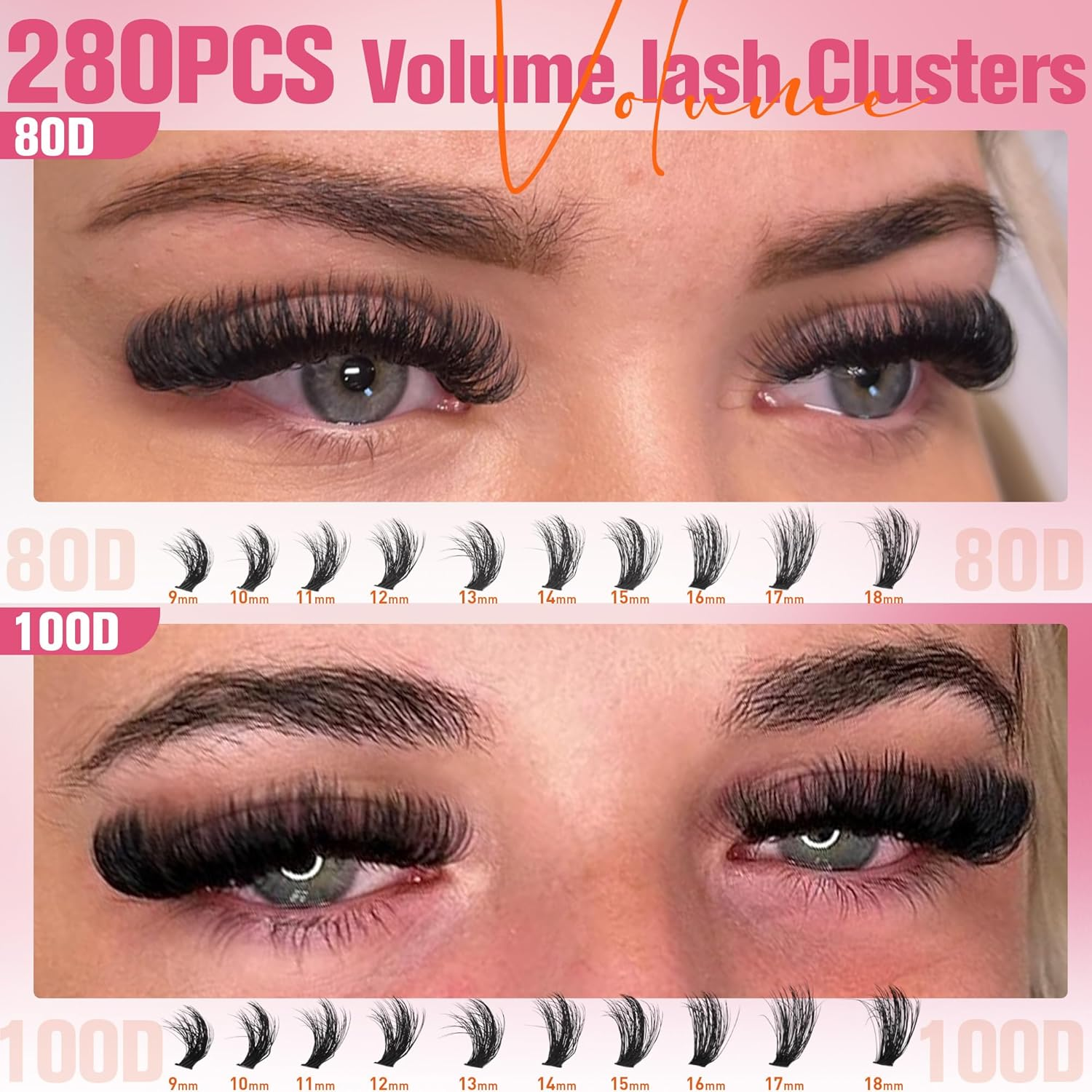EYDEVRO Fluffy Lash Clusters Kit 80D100D Volume Lash Extension Kit 280 Pcs Left/Right Cluster Eyelash Extension Kit D Curl Thick Mega Lash Clusters with Waterproof Lash Bond and Seal and Lash Tweezers image number 1
