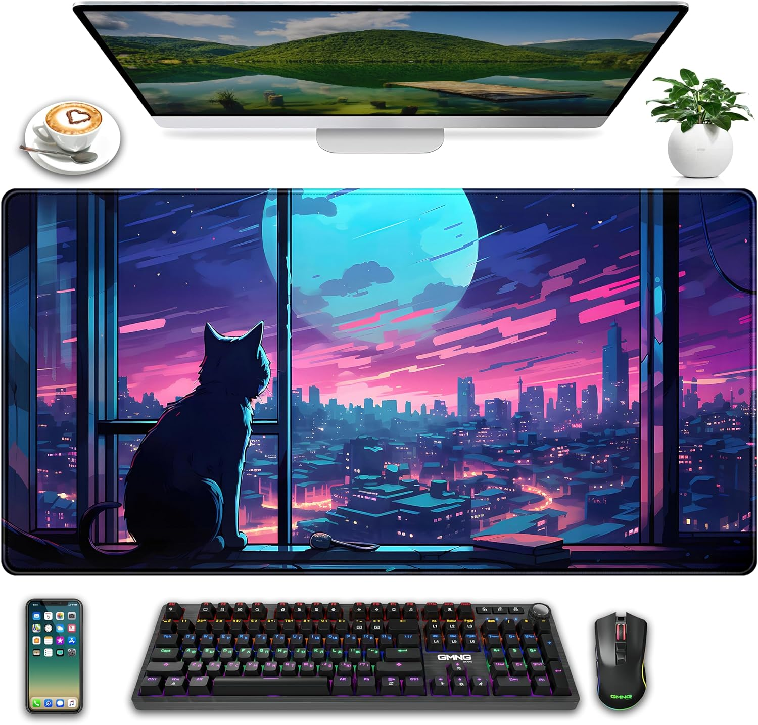 Cool Purple Kawaii Anime Moom Cat Desk Mat XXL Large Gaming Mouse Pad, Cute City Cats Desk Pad for Gamer Girl Women Office Desk Decor Mousepad, Computer Laptop Keyboard and Mouse Mat 31.5X15.75 In image number 1