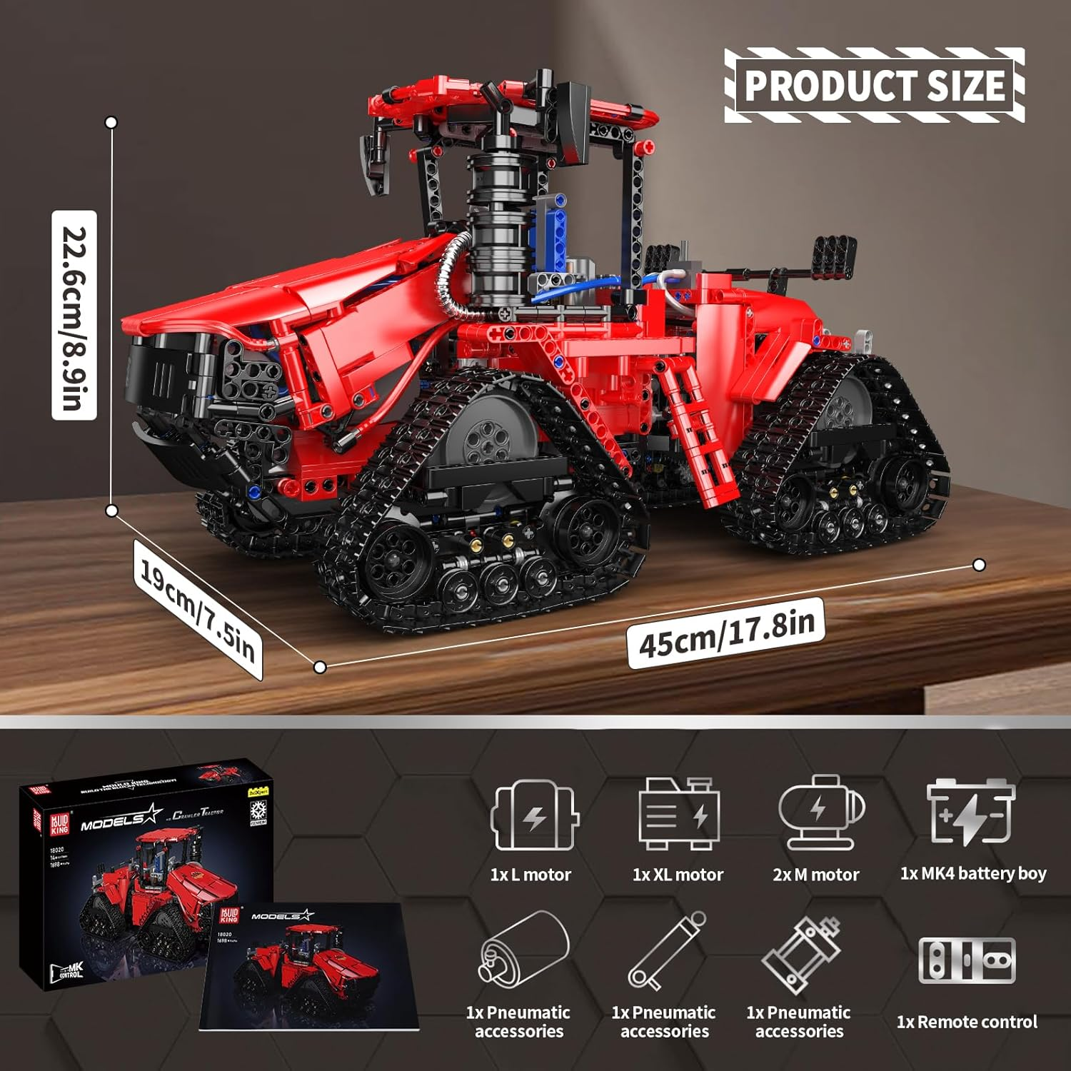 Mould King 18020 Pneumatic Tracked Tractor Vehicle Building Set, Remote Control Car Model Block Kit MOC, STEM Gift Toy to Build for Boys Girls Aged 14+ 1698Pcs