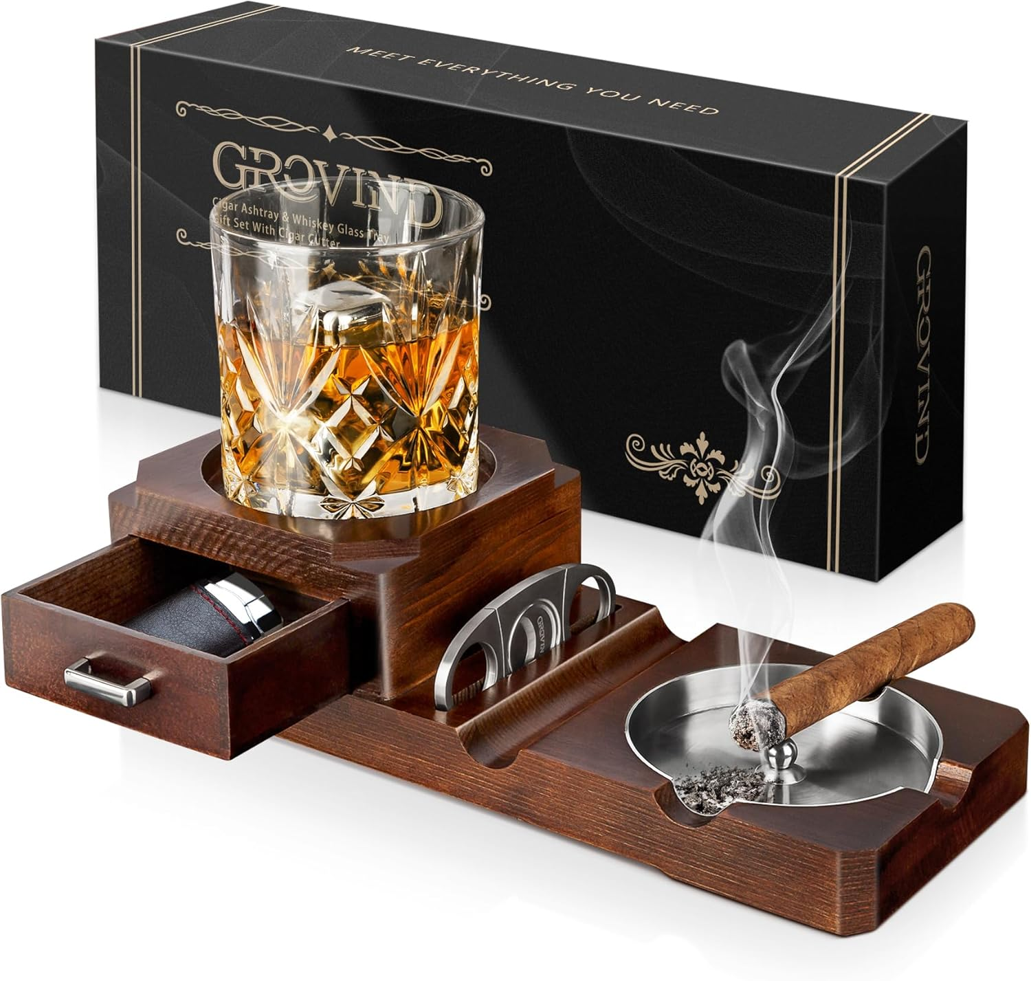 Grovind Cigar Ashtrays, Whiskey Glass Tray and Wooden Ash Tray Detachable Outdoor Ashtray for Cigarettes, Gift Set with Cigar Cutter, Great Decor for Home Office Gifts for Men