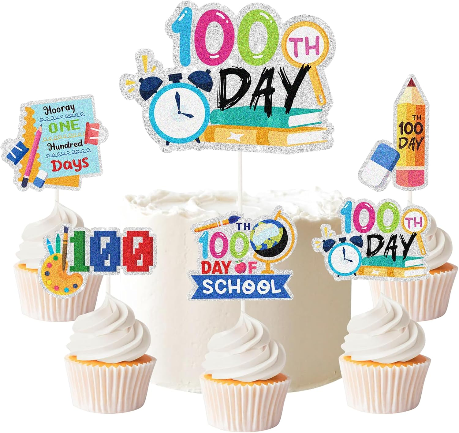 6Pcs 100 Days of School Cake Toppers - Happy 100 Days Cake Decor - Kids Kindergarten Preschool Primary High School Party Supplies image number 4