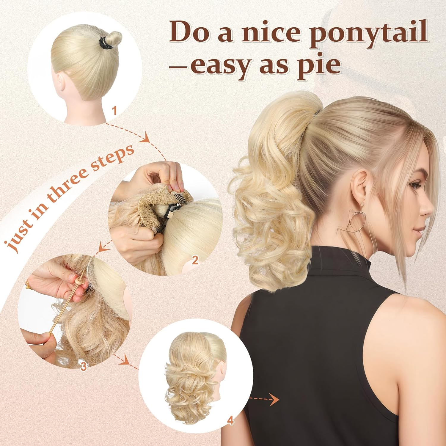 Flufymooz Ponytail Extension, 14 Inch Short Drawstring Ponytail Hair Extension for Women, Soft Synthetic Pony Tails Hairpiece for Women (Chocolate Brown with Medium Blonde) image number 6