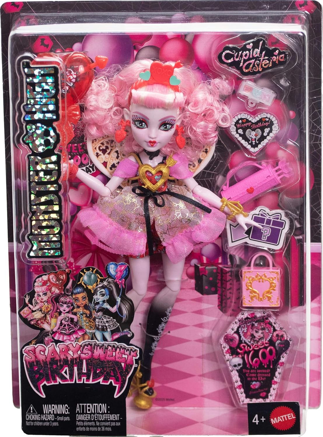 Monster High Scary Sweet Birthday Doll, Cupid Asteria in Pink and Red Party Dress with Themed Accessories like Invite, Balloon, Gift and More