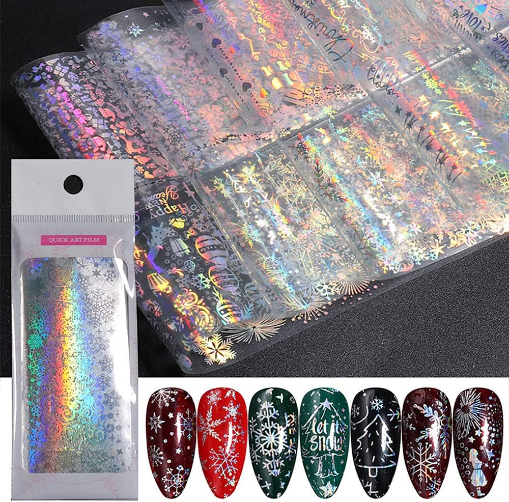10 Sheets Snowflake Nail Foil Transfer Sticker - 3D Holographic Laser Winter Nail Art Stickers Decals Snowflake Flower Xmas Elk Christmas Foils Transfer DIY Manicure Nail Decorations for Women Girls image number 6