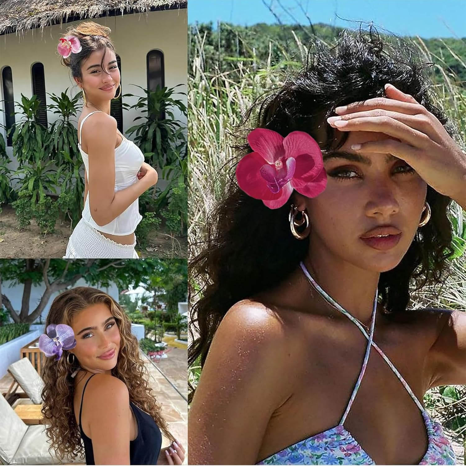 Ruzister 3 Pieces Hawaiian Flower Hair Clips Bohemian Hairpin with Butterfly Orchid Artificial Phalaenopsis Hair Clip for Holiday Seaside image number 2