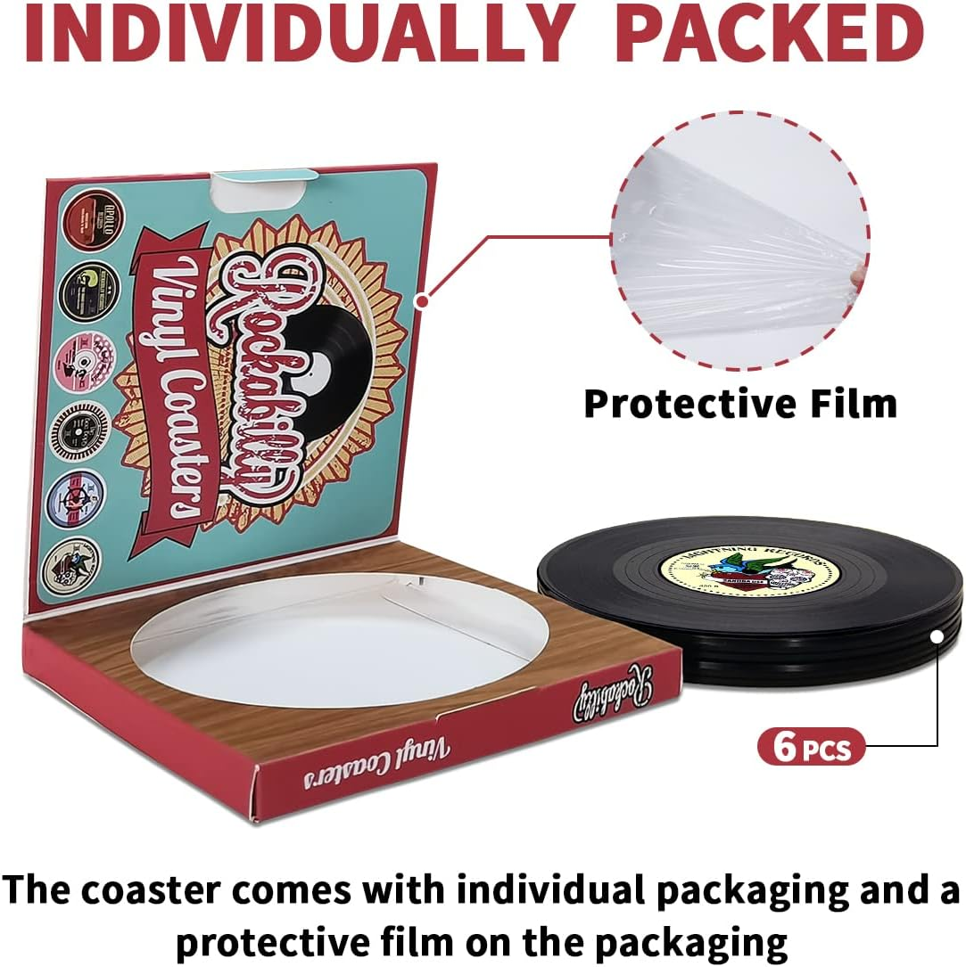 Miss Rui Retro CD Vinyl Record Coasters Set of 6, Personalised Heat Insulation Non-Slip Tabletop Protection Cup Mat for Coffee Tea Beer Mug Drink Tableware Home and Bar - Record Coasters With Holder image number 2