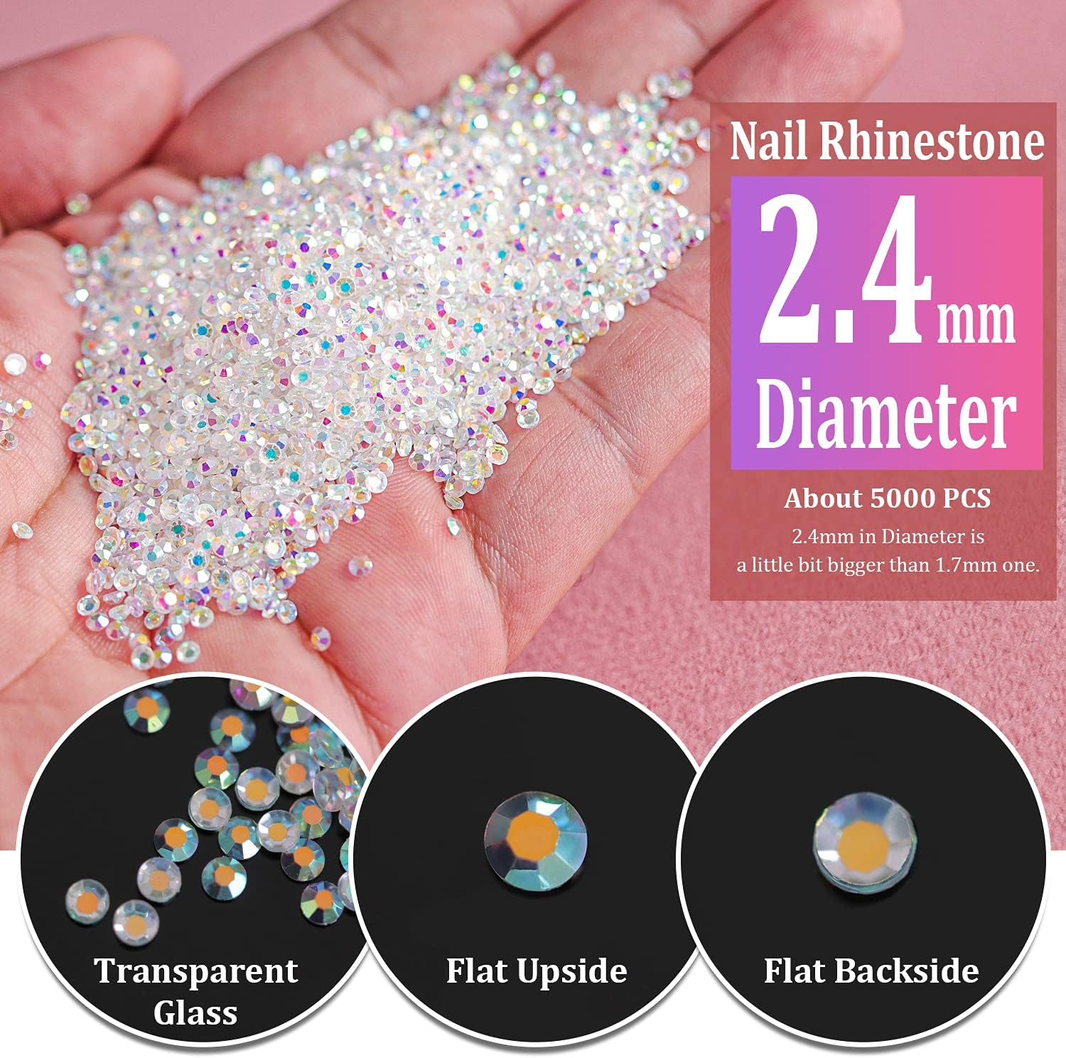 Tiny Nail Rhinestones 5000Pcs 1.2Mm Mini Pixie AB Glass Crystals for Nail Art Manicure Iridescent Long Lasting Shine Small Rhinestone Micro Dust Glitter Caviar Bead Sugar Gem (2.4Mm AB) image number 6
