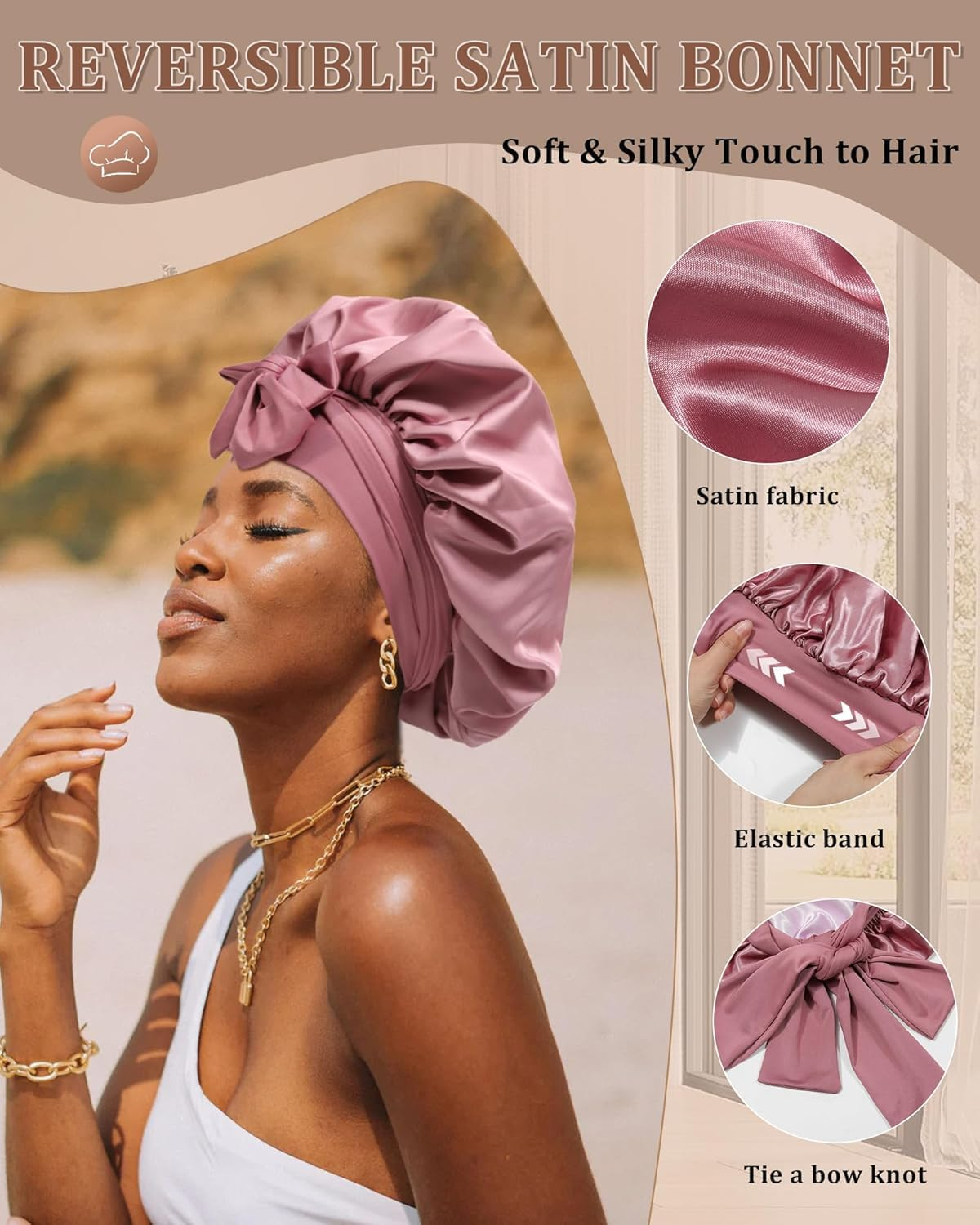 Maedery Reversible Satin Bonnet for Sleeping Women Double Layer Hair Bonnet with 2PCS Hair Scrunchies Elastic Tie Band Night Cap, Bean Paste + Pink, One Size image number 1