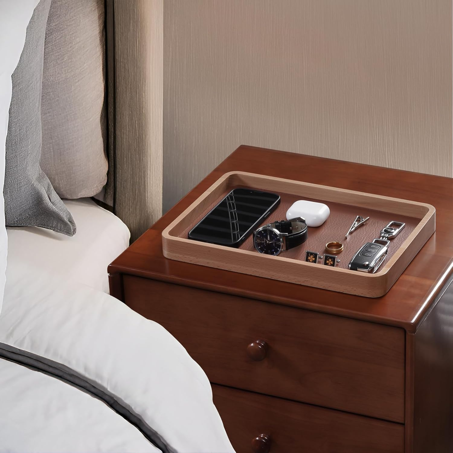 Procase Wooden Valet Tray for Men, Wood Catch-All EDC Organizer, Nightstand, Entryway Bedside Dump Holder, for Wallets, Keys, Watches, Phones, Loose Change, Trinkets -Lightbrown image number 2