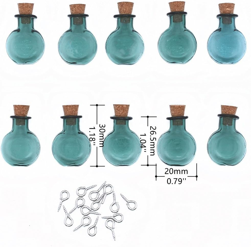 10 Pieces Vibrant Colored Tiny Flat Oval Spell Jars &ndash; Glass Mini Potion Wishing Bottles with Cork Stoppers for Wedding, Party, and DIY Crafts Supplies (Blackish Green) - Brown image number 3