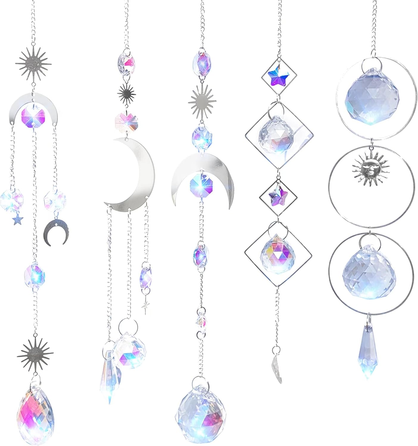 Nuyikaso 5Pcs Suncatcher Crystal Hanging Wind Chimes Rainbow Sun Moon Pendant Sun Catcher Balls for Window Home Garden Christmas Day Party Wedding Decor Silver image number 3