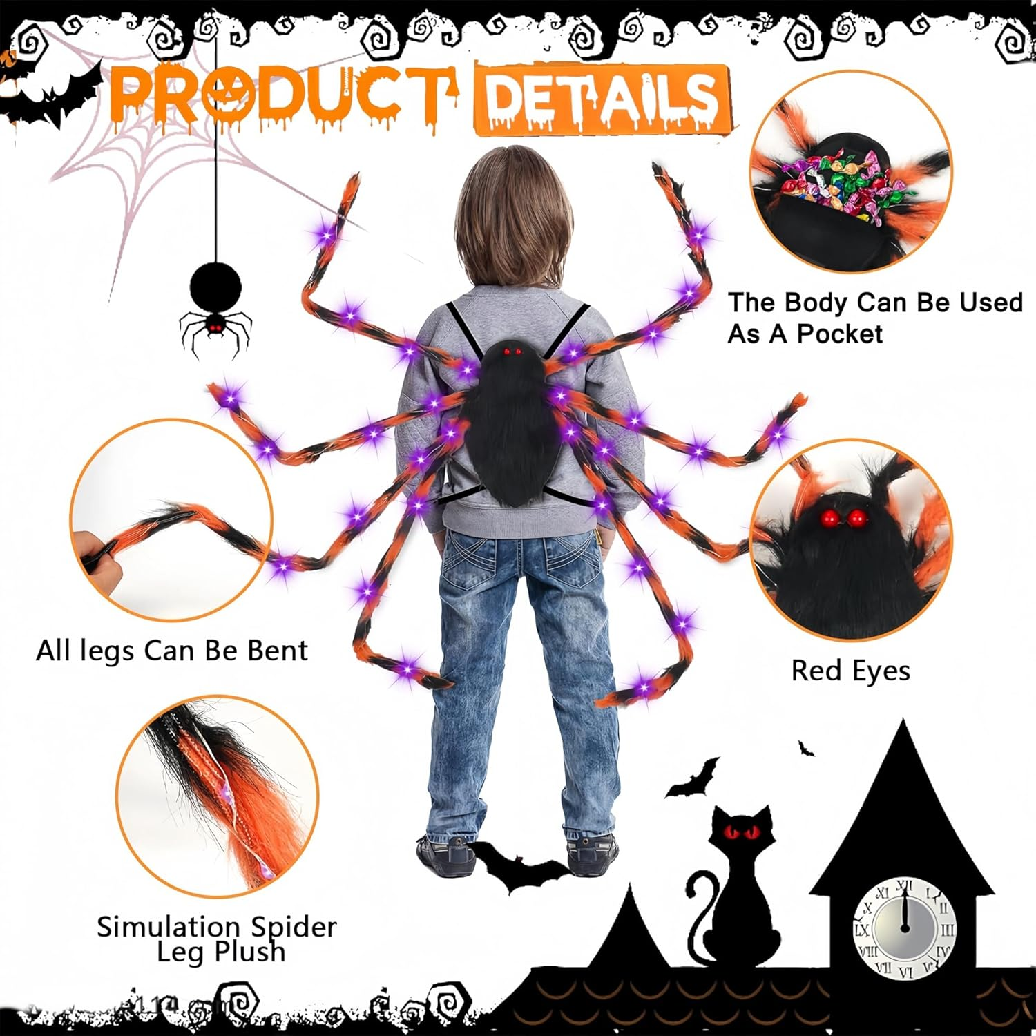 Halloween Glow-In-The-Dark Tattoo Stickers (4 Sheets), DIY Light-Up Headband & LED Spider Backpack for Halloween Makeup Trick or Treat Party Favor, Garden Indoor Decor(B) image number 4
