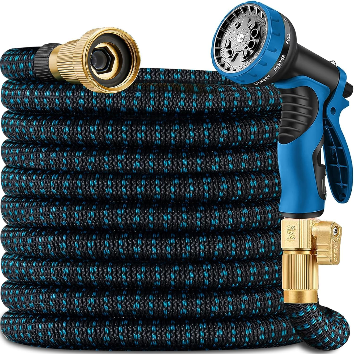 100 FT Expandable Garden Hose with 10 Function Spray Nozzle, No-Kink, Lightweight, Flexible Hose with Brass Fittings and 4-Layer Latex Core, Retractable Water Hose (Blue Black) image number 1