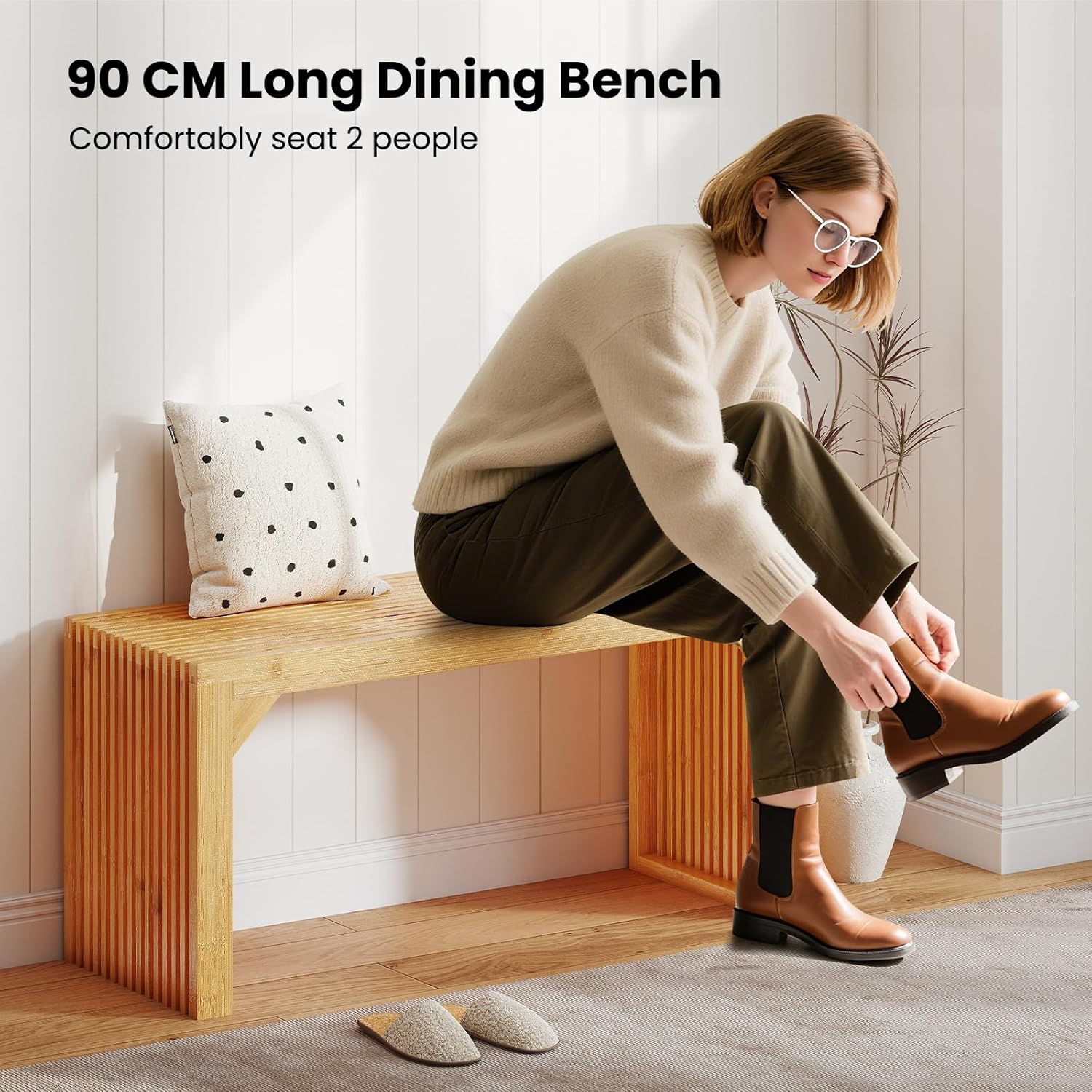 Giantex Bamboo Dining Bench, 90CM Long Entryway Bench, Indoor Outdoor Solid Wood Bench, Farmhouse Modern Seating Furniture for Dining Living Room Kitchen Bedroom Bathroom Hallway Front Door End of Bed image number 4