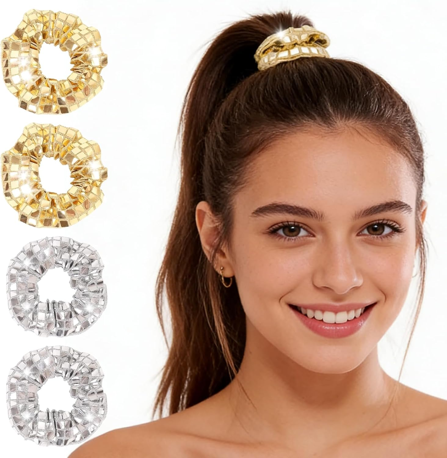 Women Girls Gold and Silver Glitter Sequin Hair Bands Elastic Metallic Glitter Ponytail Holder for Disco Retro Theme Party Music Festival image number 1