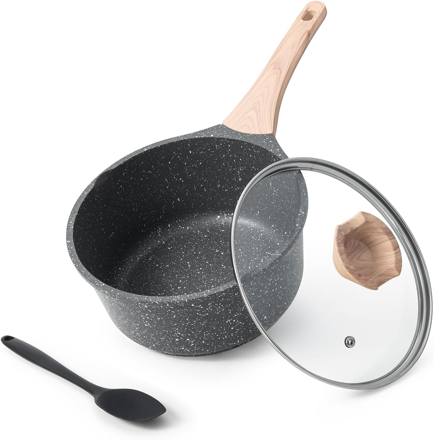 Kordisen Sauce Pan Set with Lid, 1.5QT & 2.5QT Non Stick Small Pot with Granite Coating, Saucepan with Pour Spout, Multipurpose Handy Induction Pot, Kitchen Cookware Cooking Pot, PFOA/PFOS Free